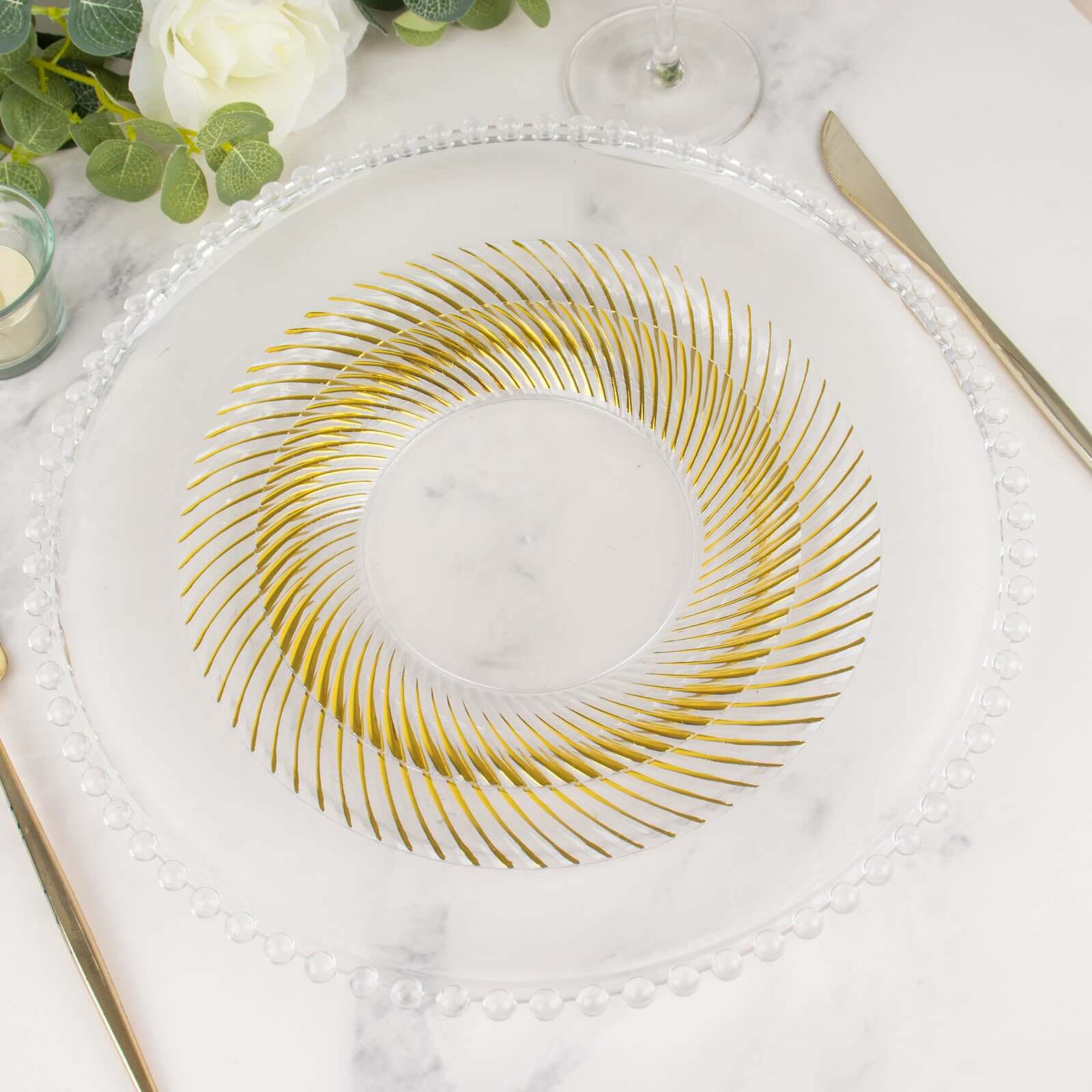 10-Pack Clear Plastic Round Dinner Plates with Gold Swirl Rim - Ideal Disposable Plates for Elegant Parties