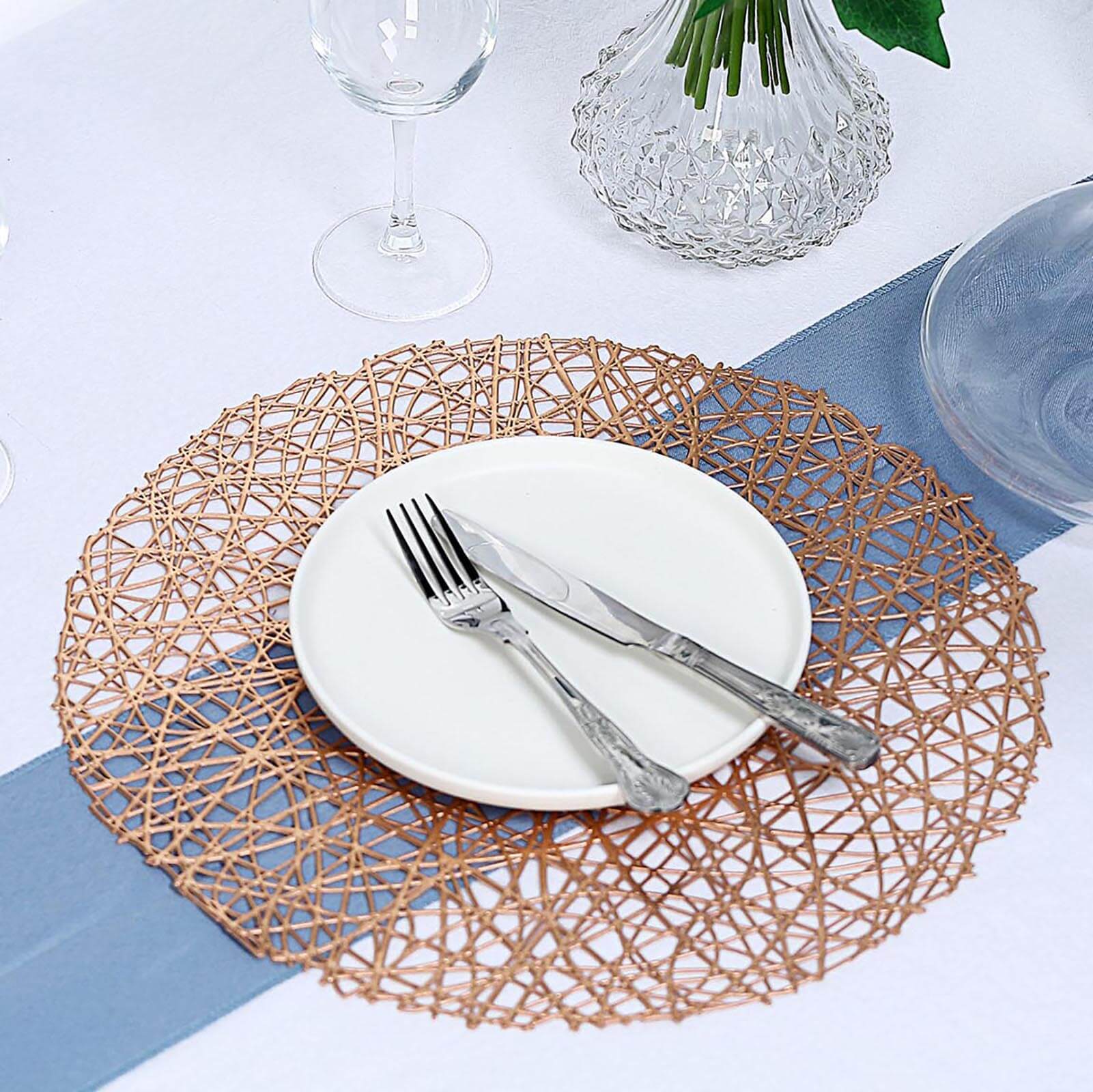 Hot Sale! 6-Piece Set of Durable Rose Gold Vinyl Round Dining Table Placemats with Woven Design