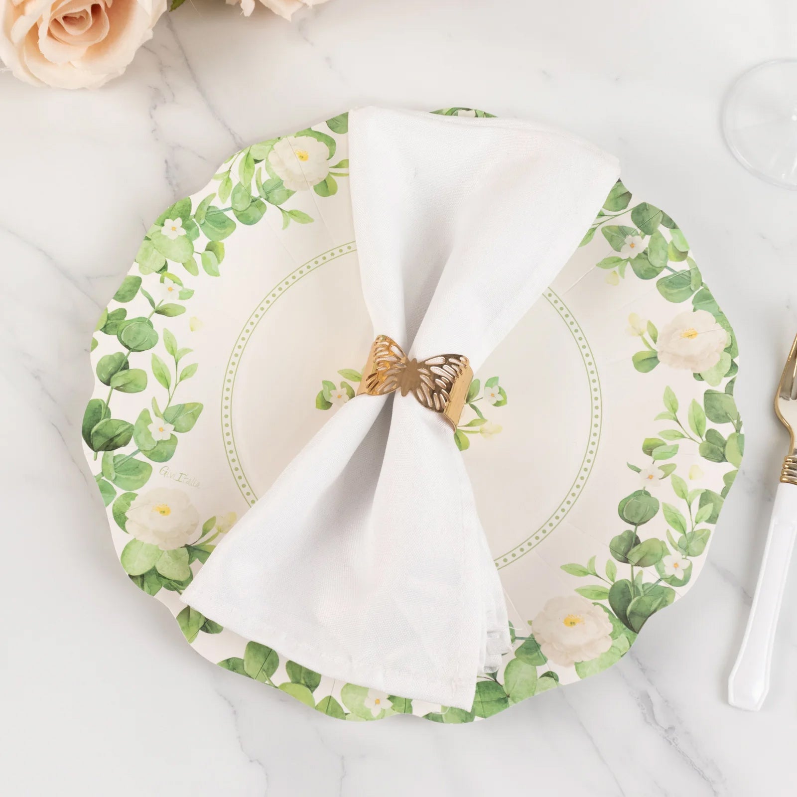 25-Pack White Floral Greenery Scalloped Edge Paper Dinner Plates - Ideal for Nature-Inspired & Chic Parties