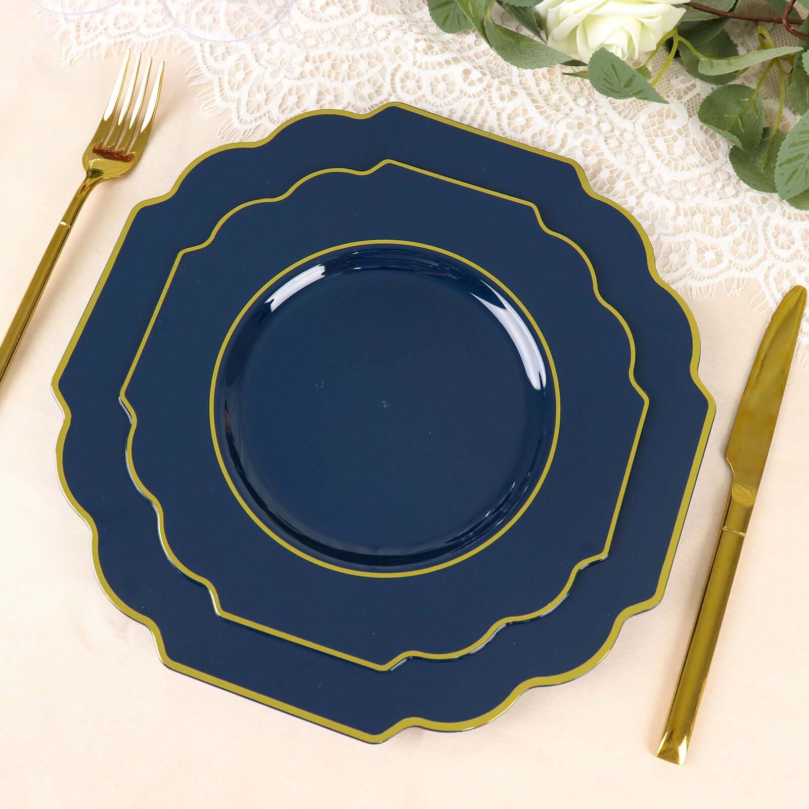 Hot Deal! 10-Pack 8" Navy Blue Disposable Baroque Salad Plates with Gold Rim