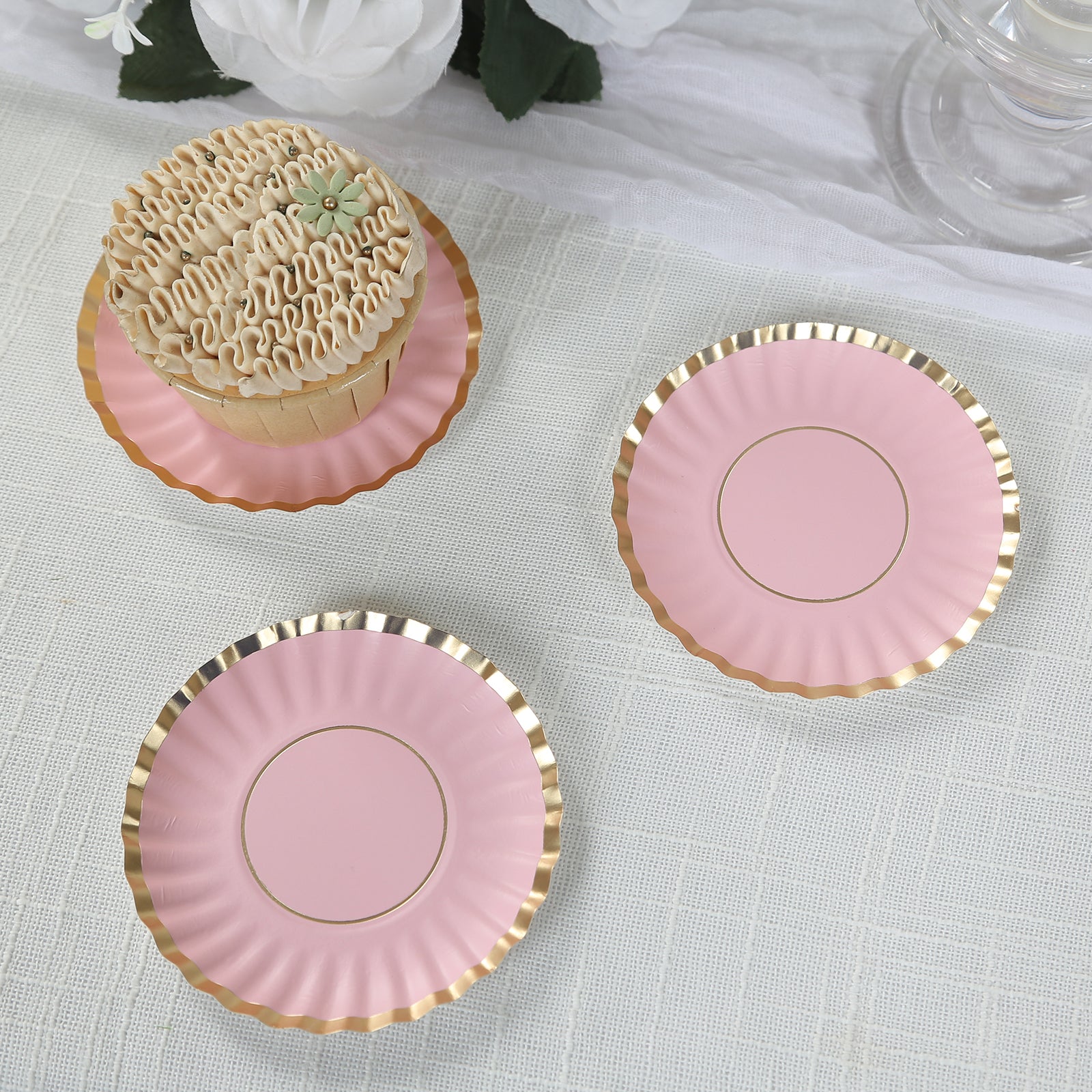Hot Deal! 50-Pack Disposable Mini Round Blush Party Plates with Gold Scalloped Rim for Desserts