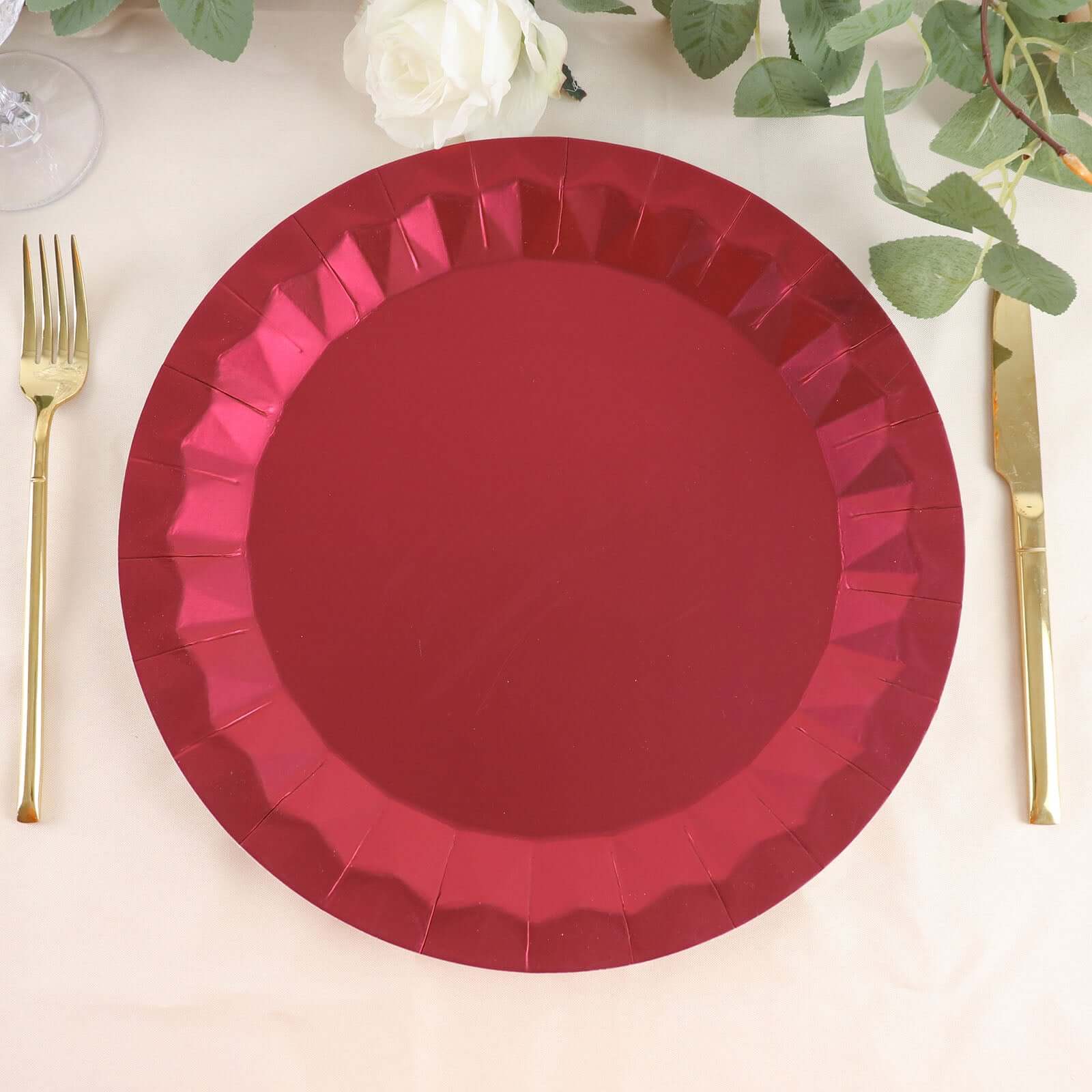 25-Pack Disposable Burgundy Paper Charger Plates with Geometric Design - 12