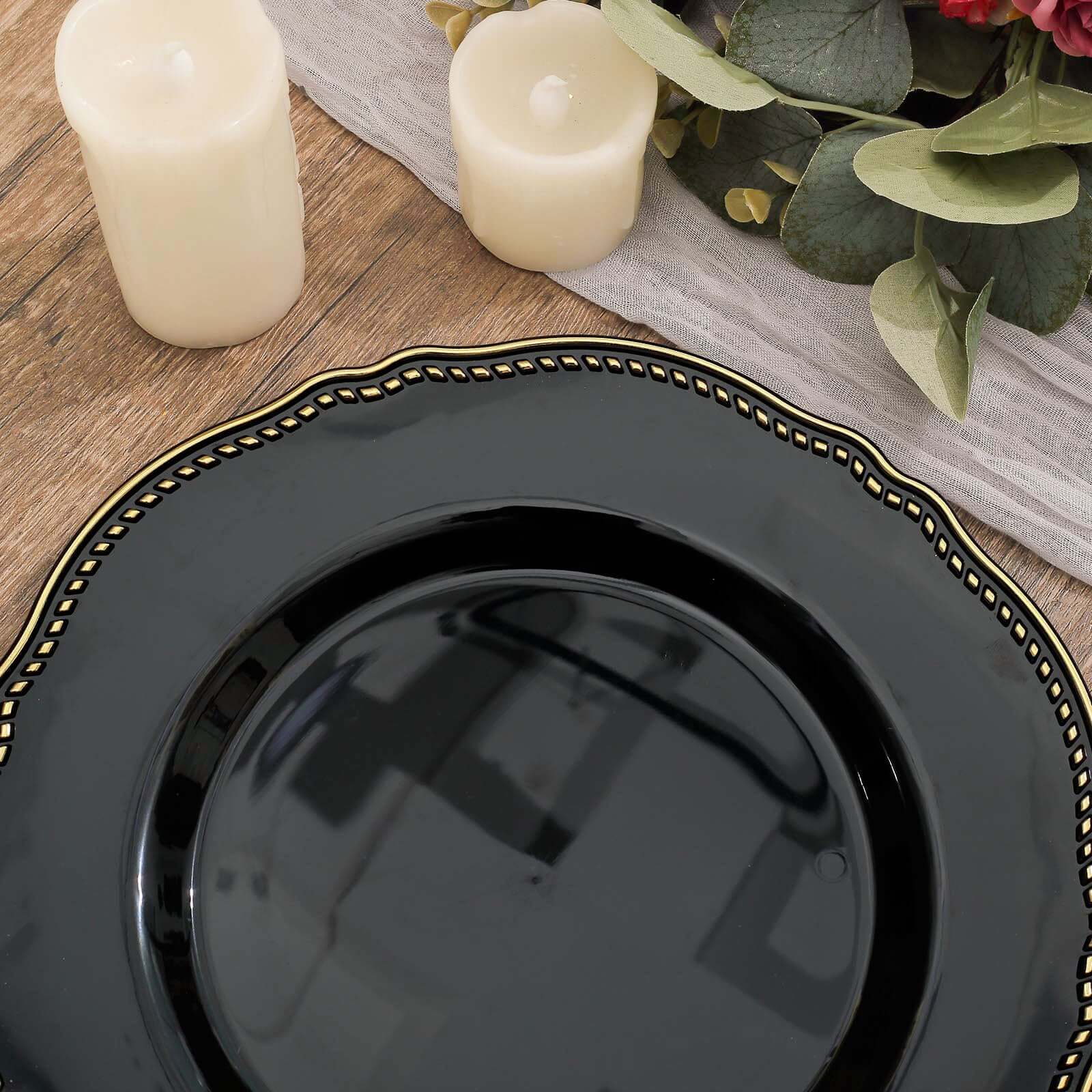 10-Piece Set of Disposable Black Plastic Dinner Plates with Gold Scalloped Rim