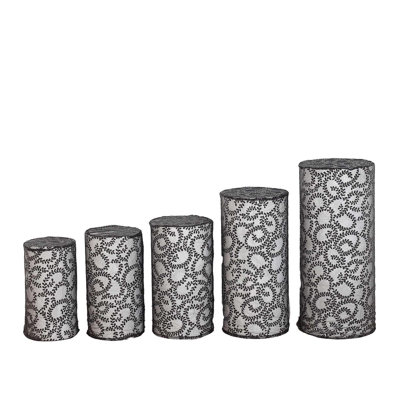 Set of 5 Sparkling Black Sequin Mesh Cylinder Pedestal Covers with Leaf Vine Design
