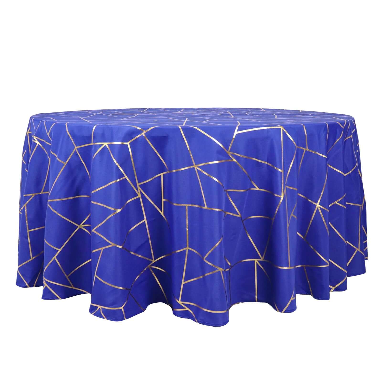 Wrinkle-Resistant Seamless Royal Blue Polyester Round Tablecloth with Gold Foil Geometric Design, 120' Dia.