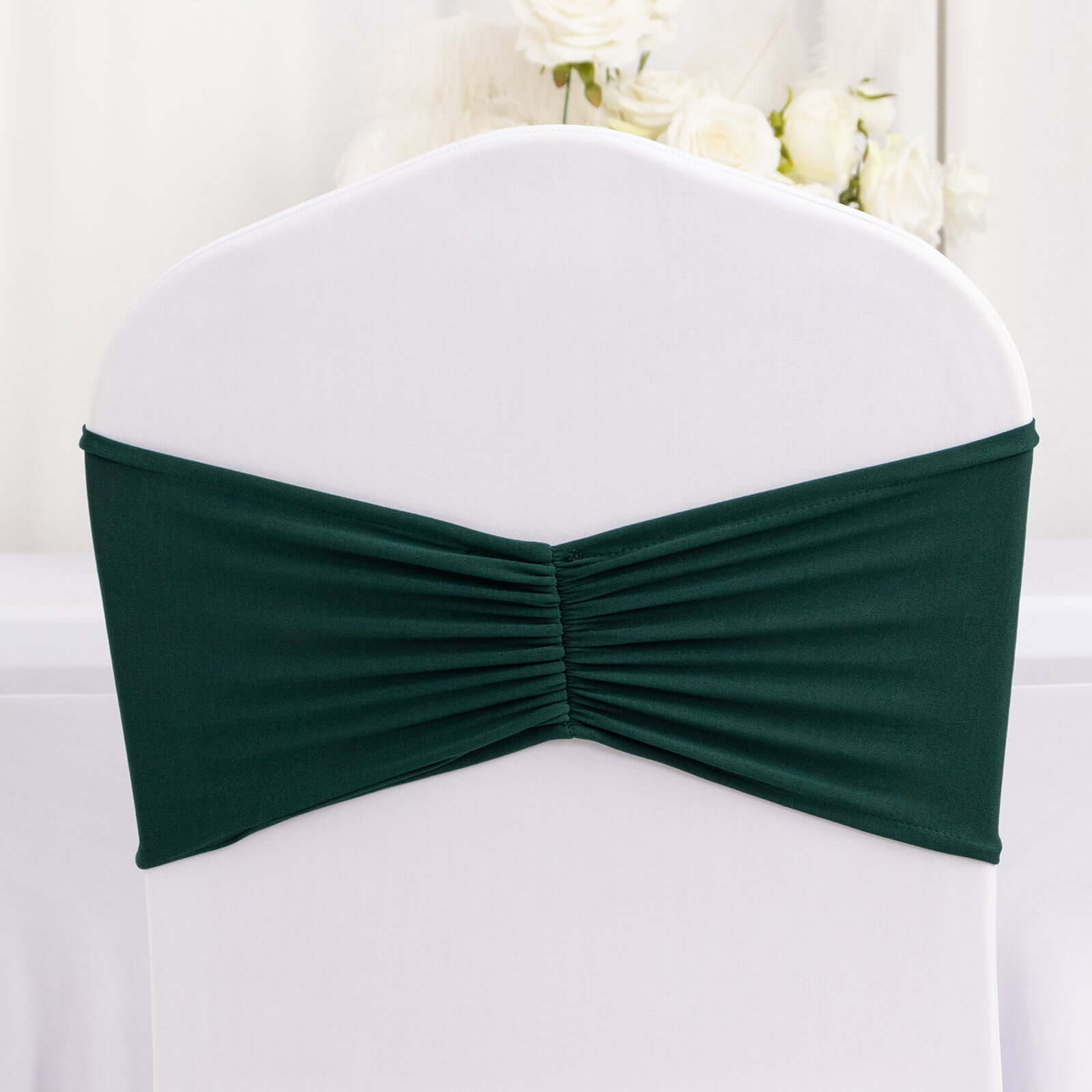 5-Piece Hunter Emerald Green Spandex Ruffled Chair Sashes - Wide Stretch Bands, 8x13