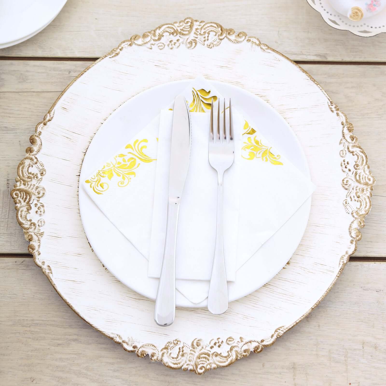6-Piece Set of 13-Inch White Washed Acrylic Round Charger Plates with Gold Embossed Baroque Rim for Dinner Parties