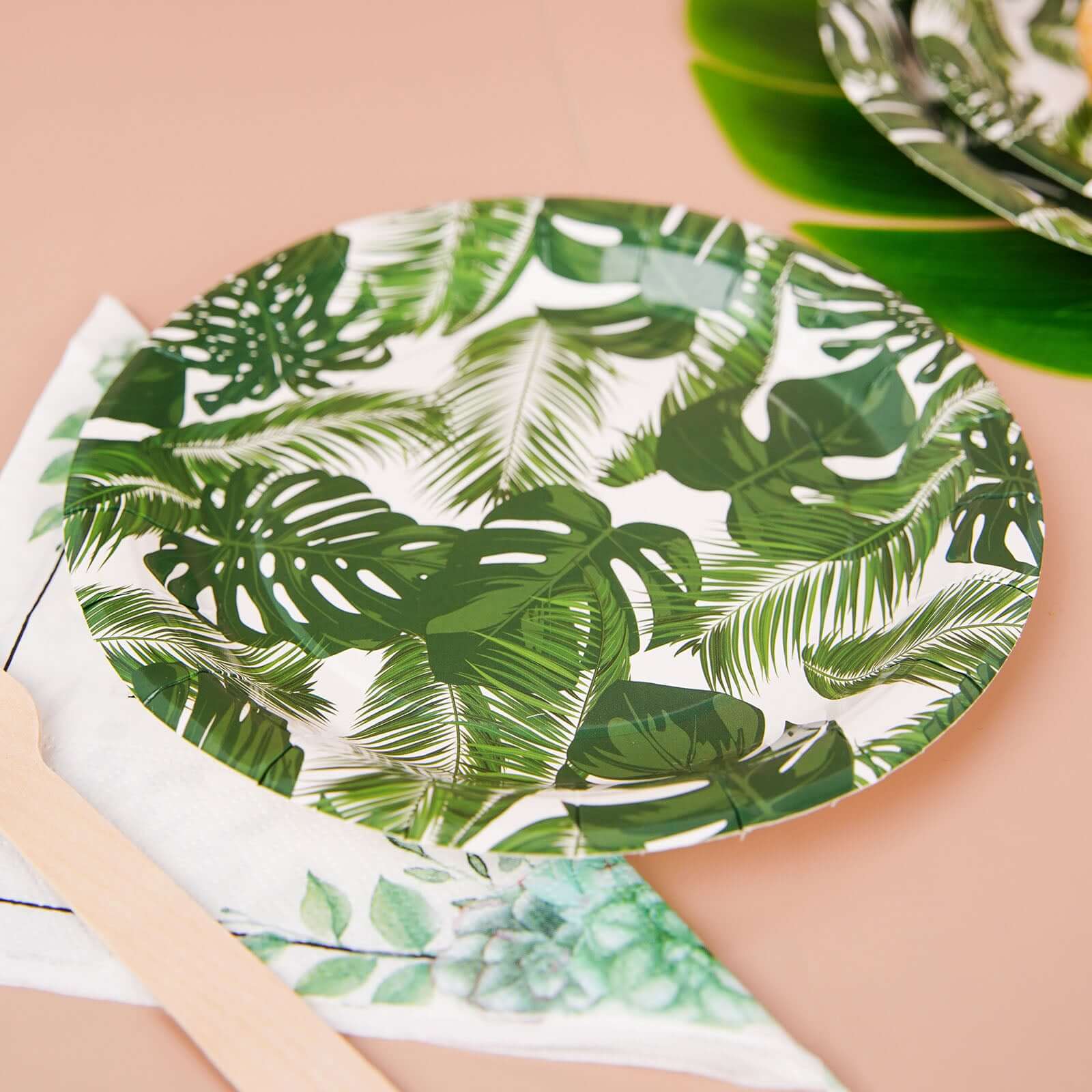 25-Pack Disposable 7-Inch White Paper Dessert Plates with Tropical Palm Leaf Design for Boho & Jungle Themed Parties