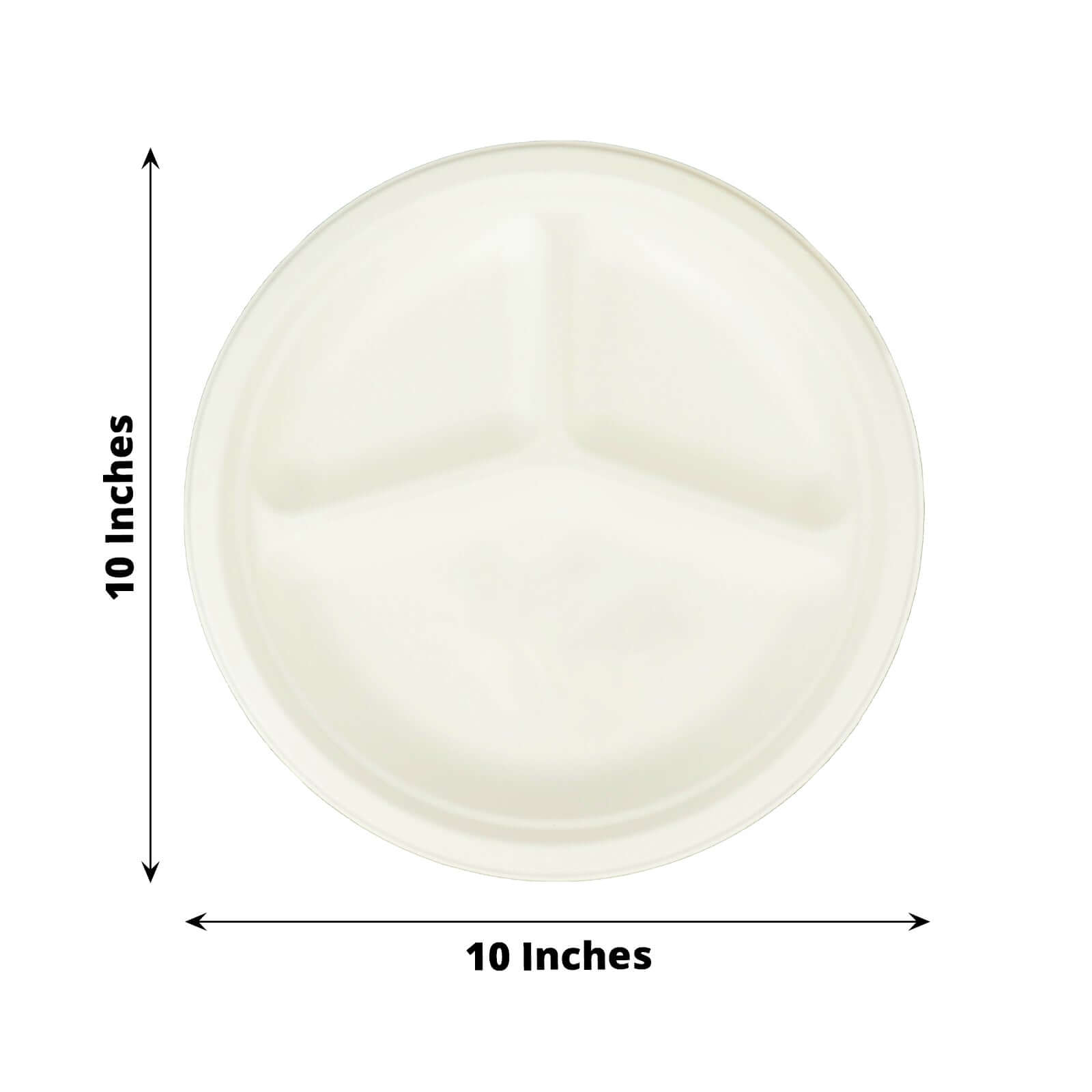 Eco-Friendly 50-Pack White Round 10-Inch 3-Compartment Dinner Plates from Bagasse - Ideal for Events & Catering