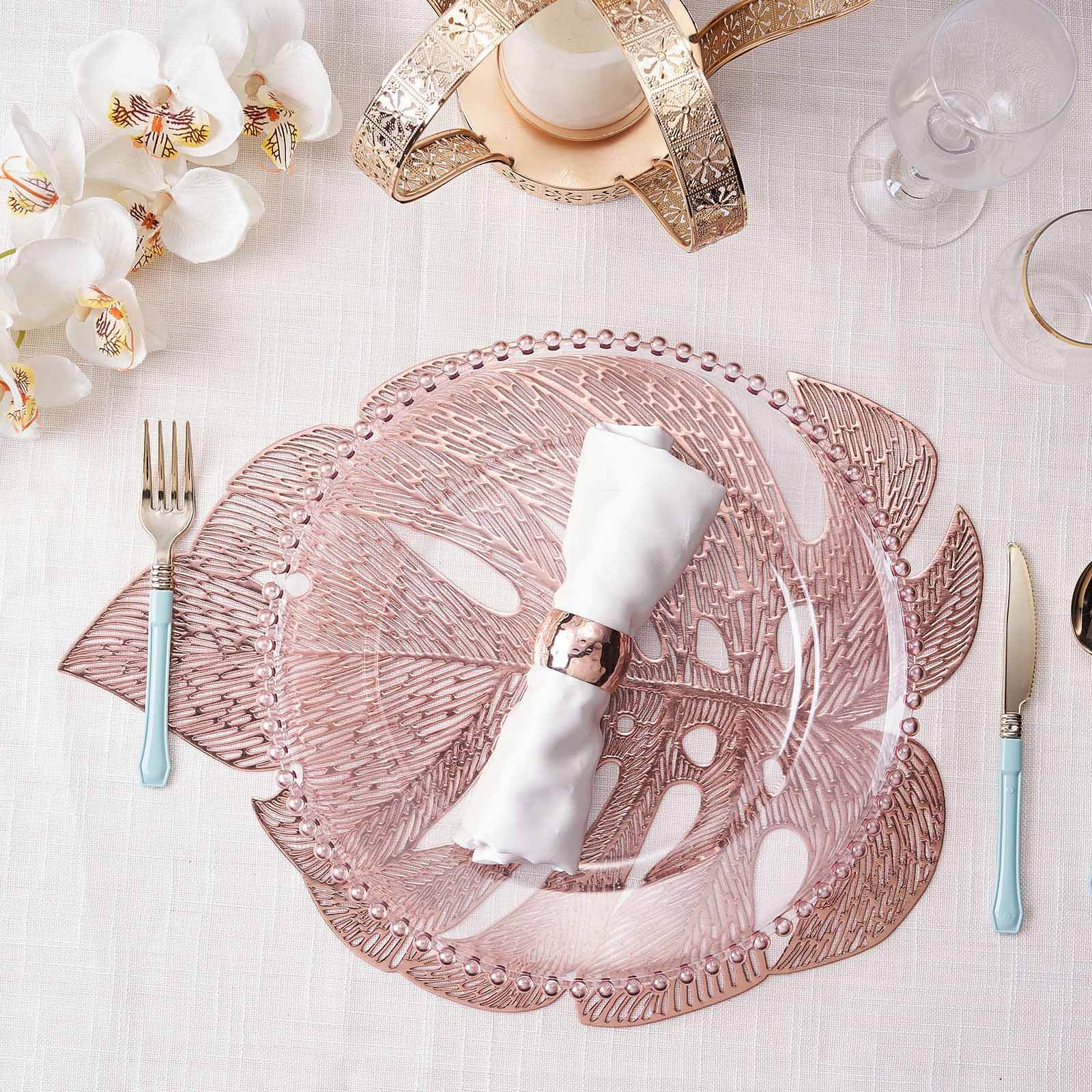 6-Piece Rose Gold Monstera Leaf Design Vinyl Dining Table Mats - Non-Slip for Tropical Decor
