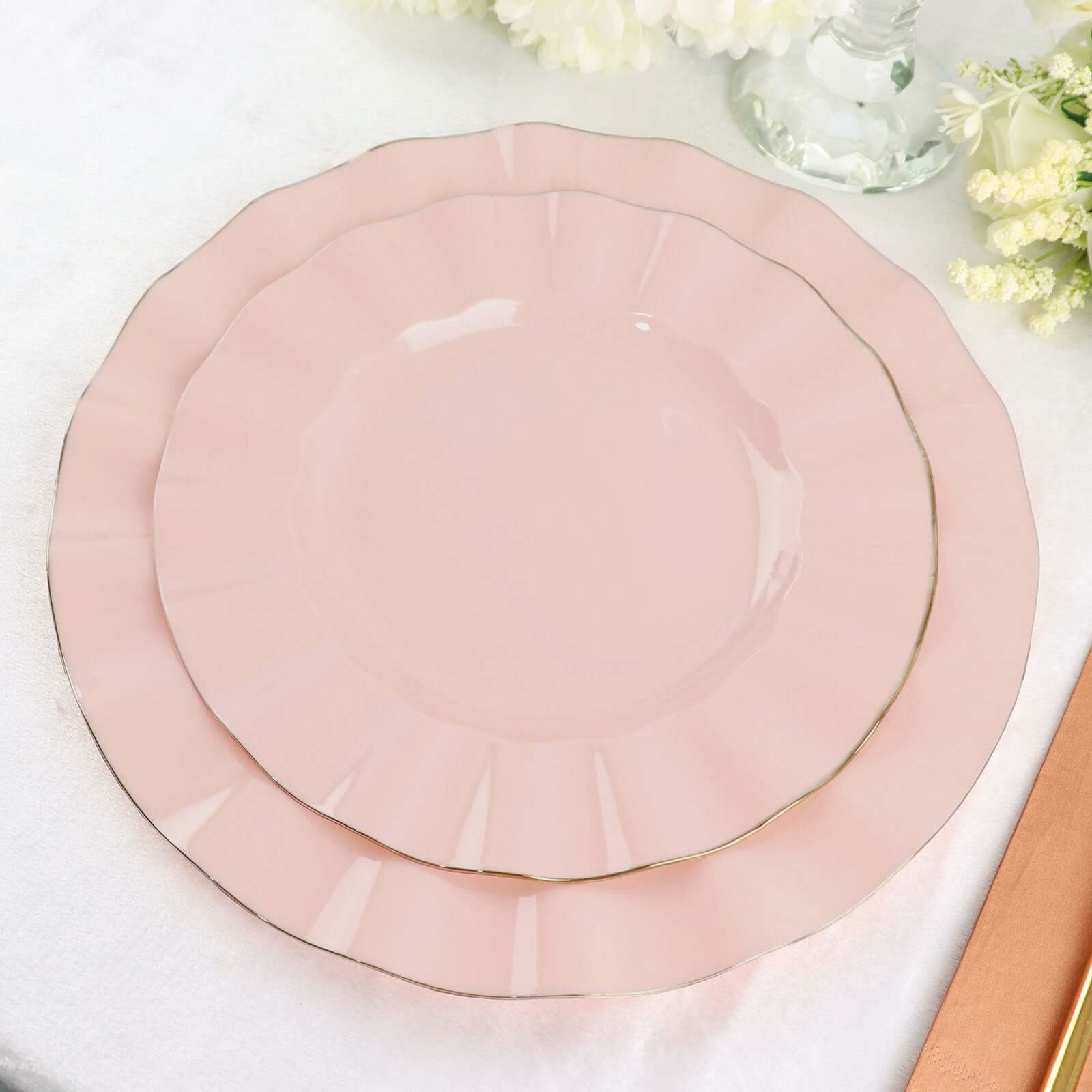 10-Pack Blush Plastic Round Dinner Plates with Gold Edging - Ideal Disposable Dinnerware