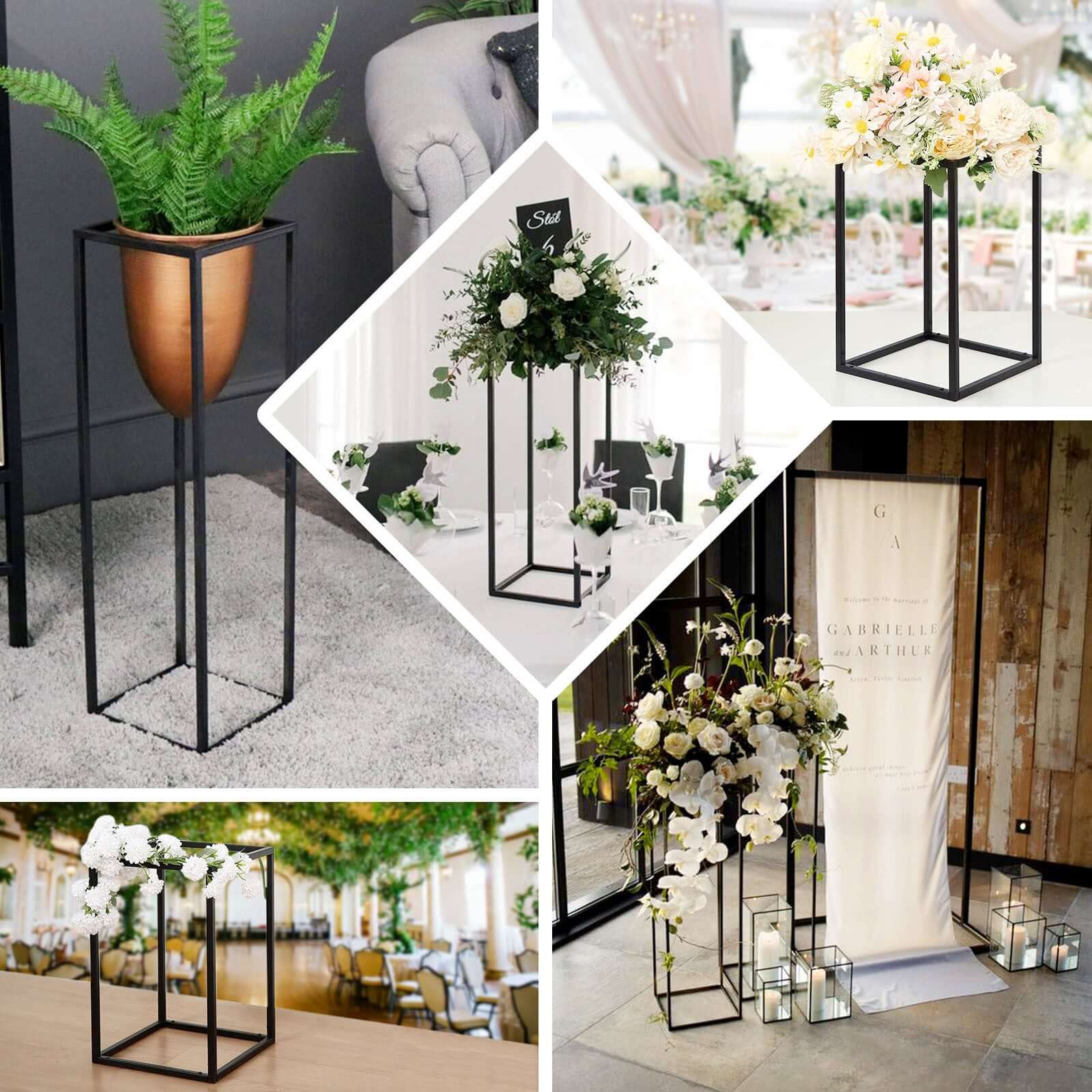 2-Pack Matte Black Metal Geometric Wedding Flower Stand - Ideal for Sophisticated Floral Arrangements