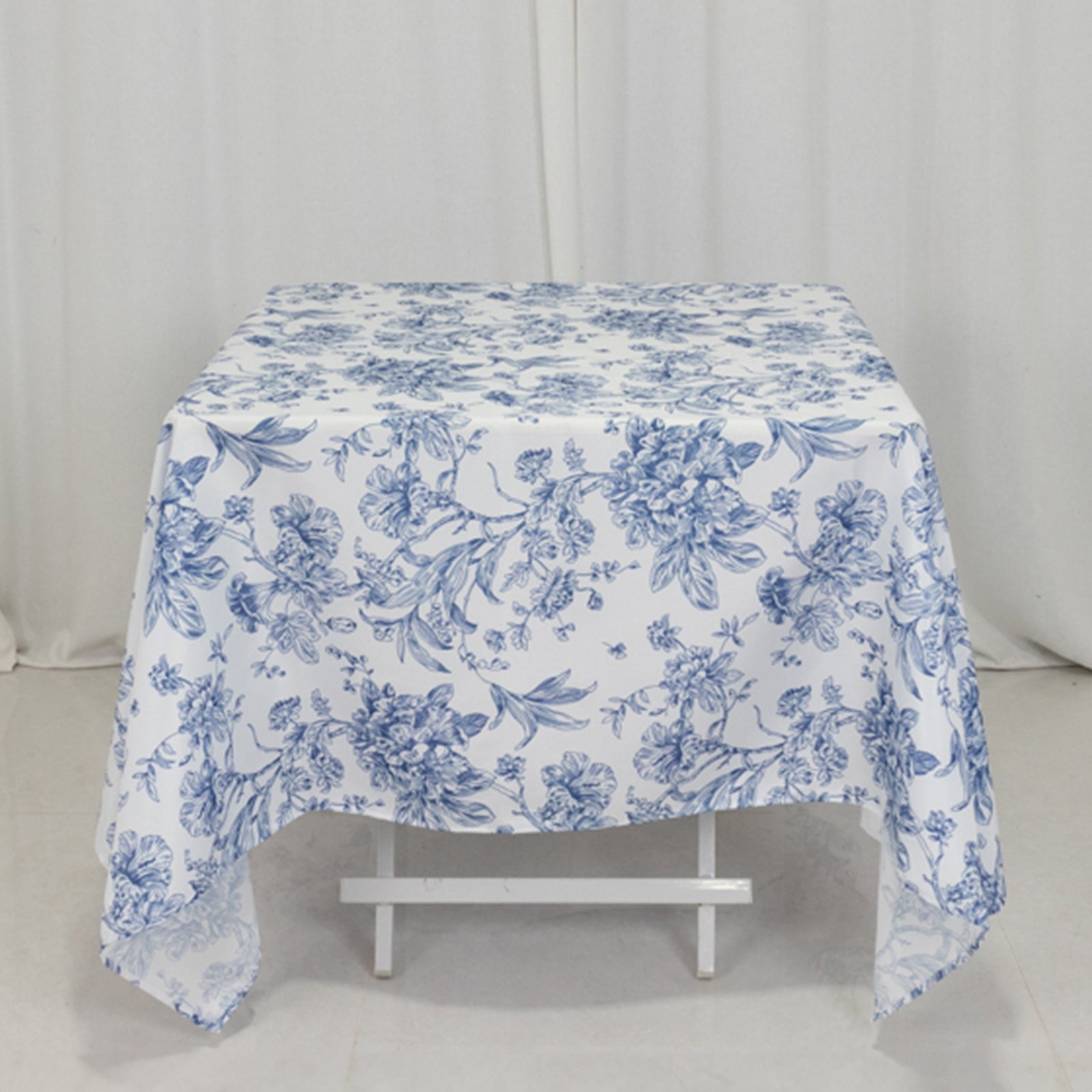 Get This Elegant 70x70 Polyester Square Tablecloth in White - Blue French Toile Pattern for Fancy Settings