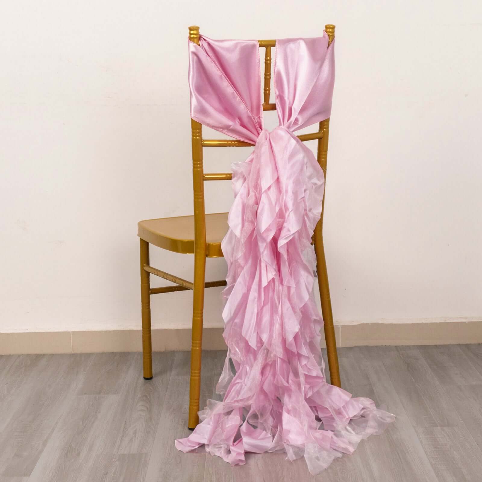 5-Piece Pink Chiffon Satin Curly Willow Chair Sashes - Effortless Installation