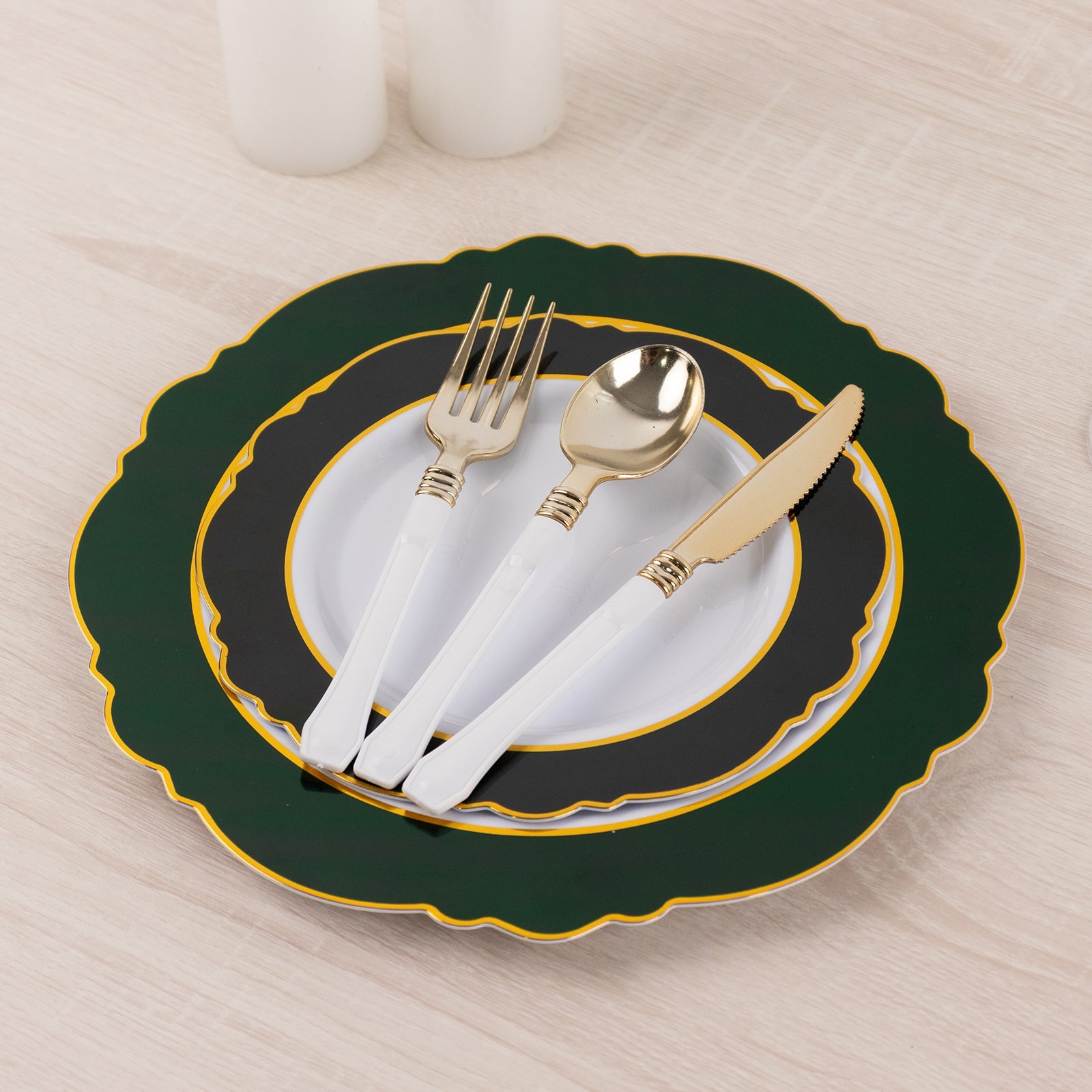 10-Pack Disposable White Plastic Dessert Plates with Hunter Green Blossom & Gold Edging - Ideal for Events