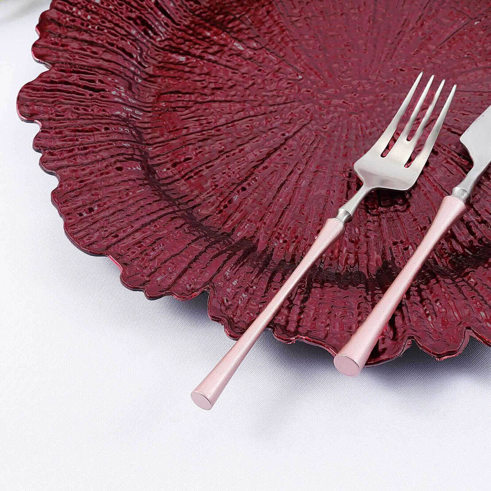6-Piece Set of 13-Inch Burgundy Acrylic Plastic Round Dinner Charger Plates with Reef Design