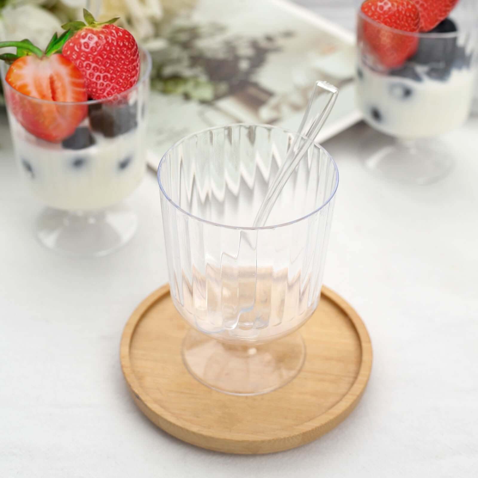 24-Pack Disposable 5oz Clear Plastic Dessert Cups with Ribbed Design and Pedestals, Spoon Set for Events