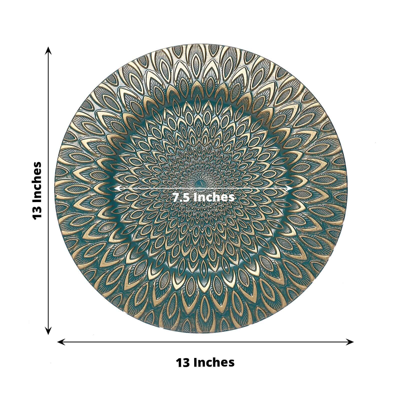 6-Piece Set of 13-Inch Teal Plastic Charger Plates with Gold Embossed Peacock Design