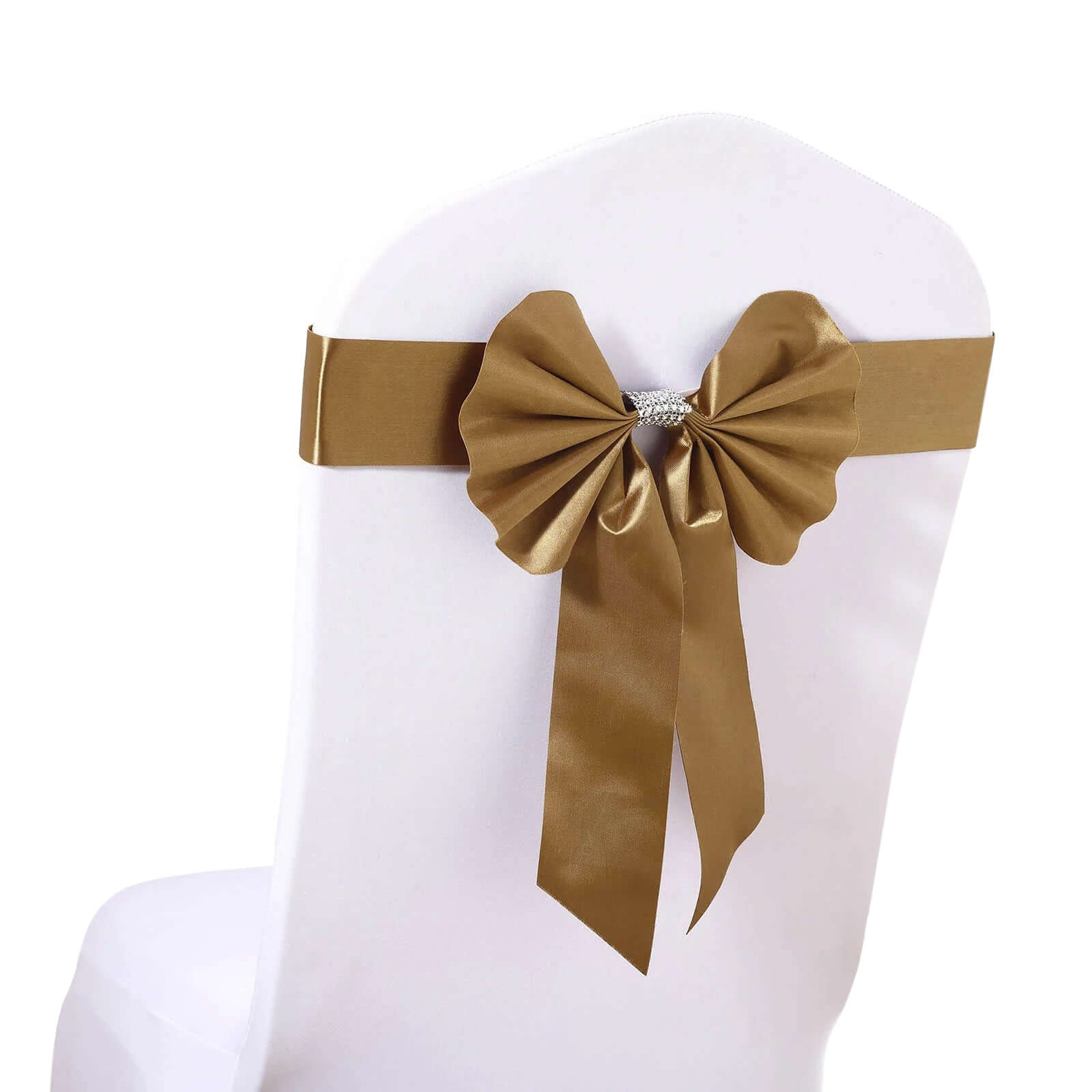 5-Pack Gold Satin Faux Leather Chair Sashes with Rhinestone Buckles - Ideal Party Decor