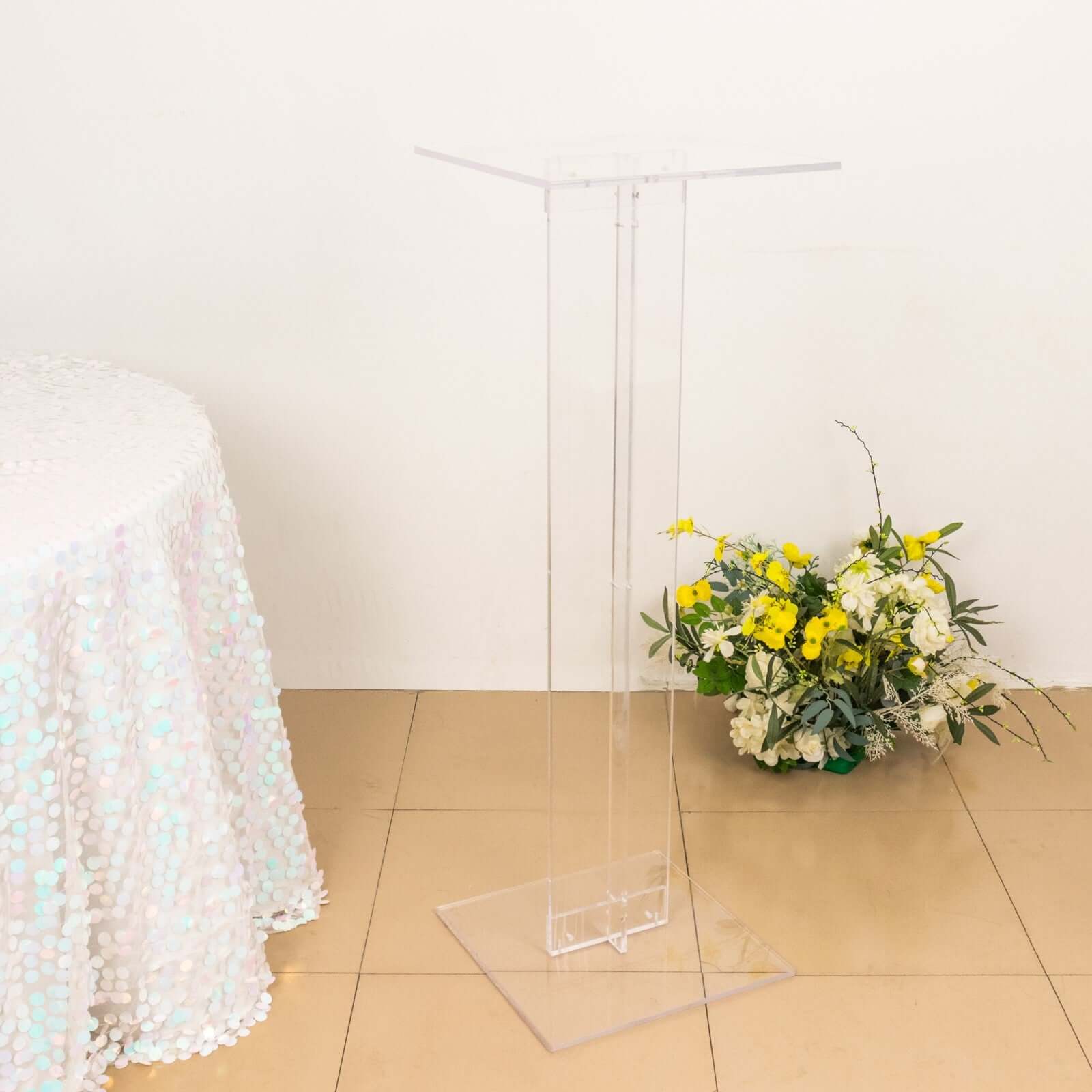 Clear Acrylic Flower Pedestal Display Stand with Square Bases - 10mm Thick, 32" Tall