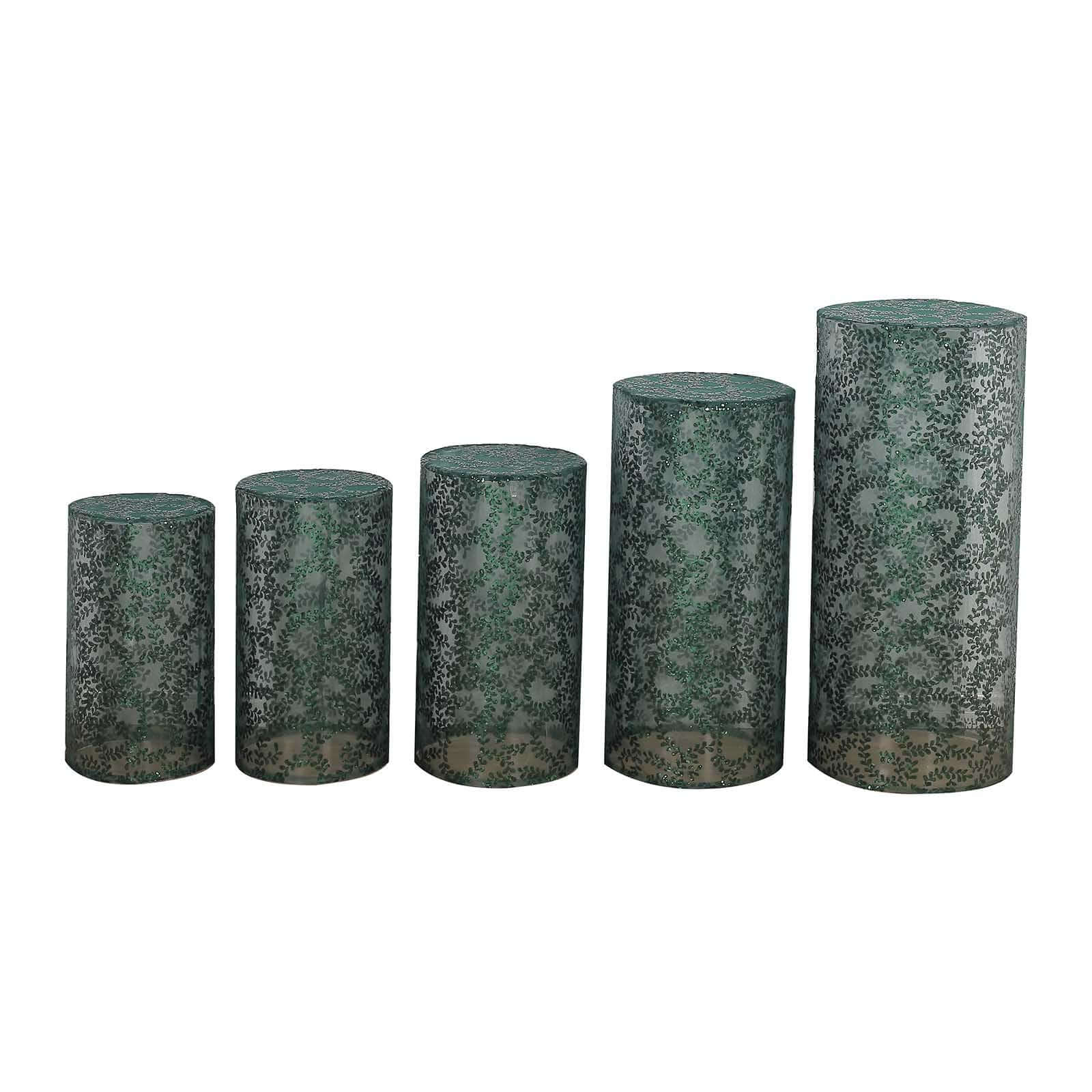 Hot Deal! Set of 5 Sparkly Hunter Emerald Green Sequin Mesh Cylinder Pedestal Stand Covers with Leaf Vine Embroidery