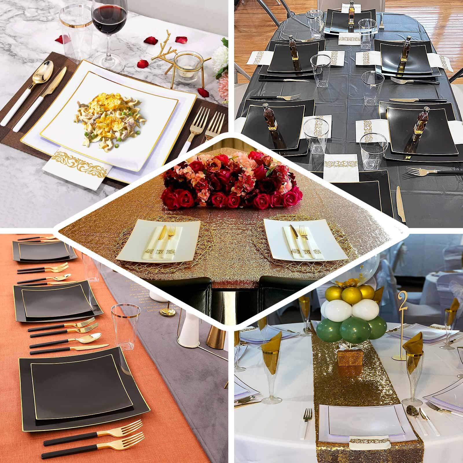 Hot Deal! 10-Pack White Concave Square Plastic Dessert Plates with Gold Rim - Ideal for Weddings & Special Events