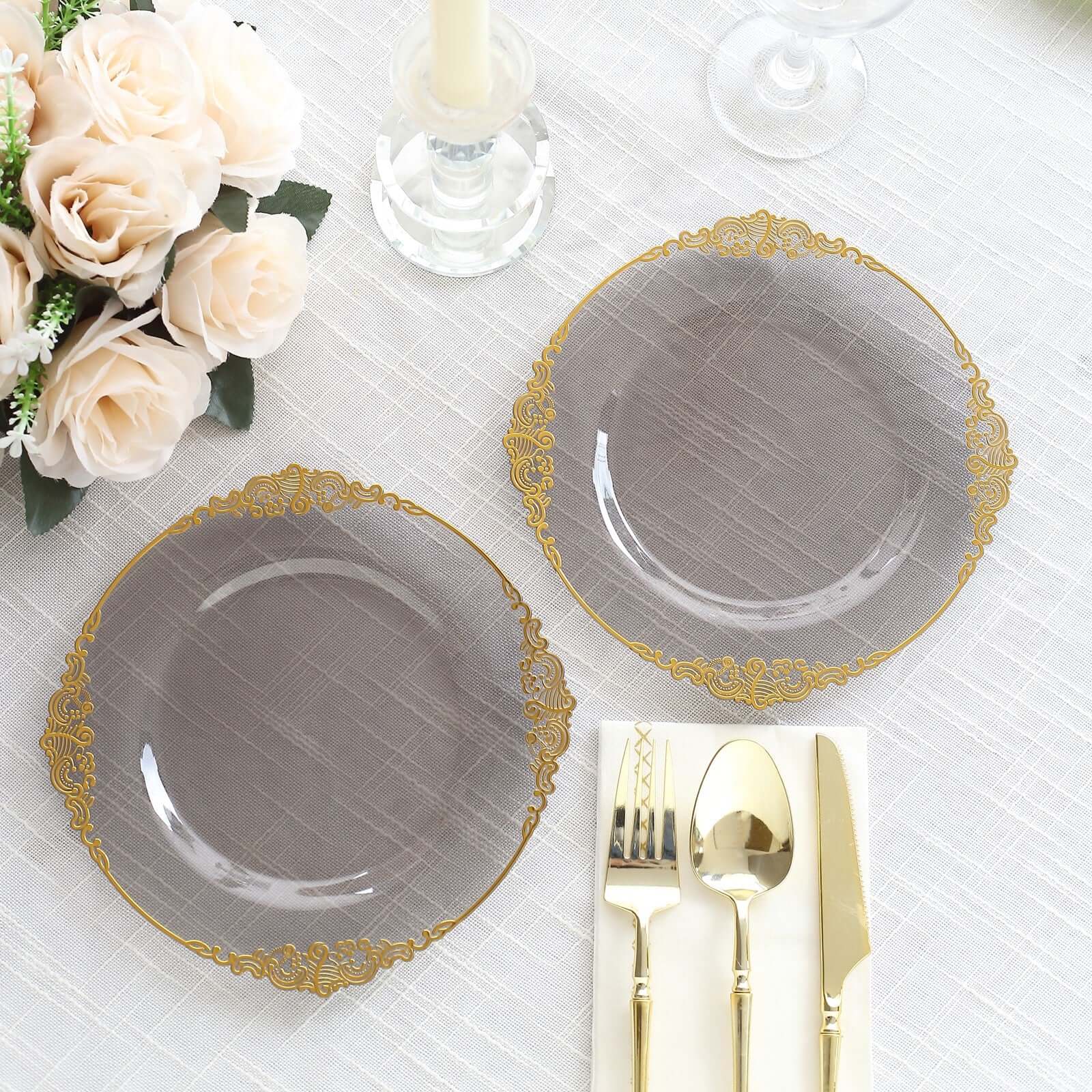 Hot Deal! 10-Pack Disposable 8-Inch Round Plastic Dessert Plates in Transparent Black with Gold Leaf Embossed Rim, Vintage Baroque Style