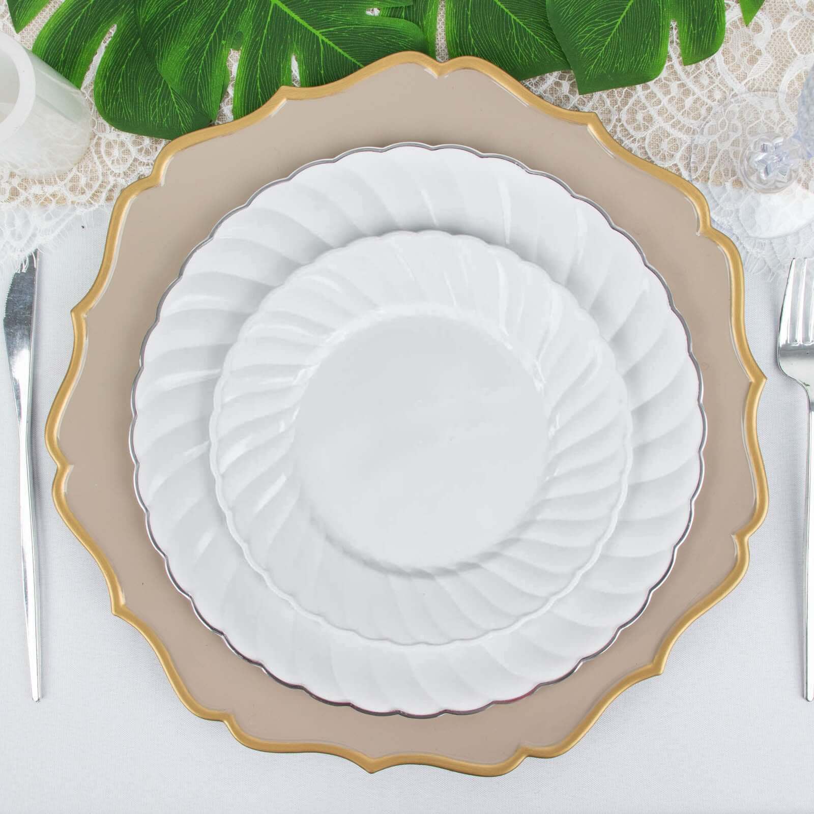 12-Piece Set of Sturdy White Plastic Dessert Plates with Flair Rim, 7.5 Inches