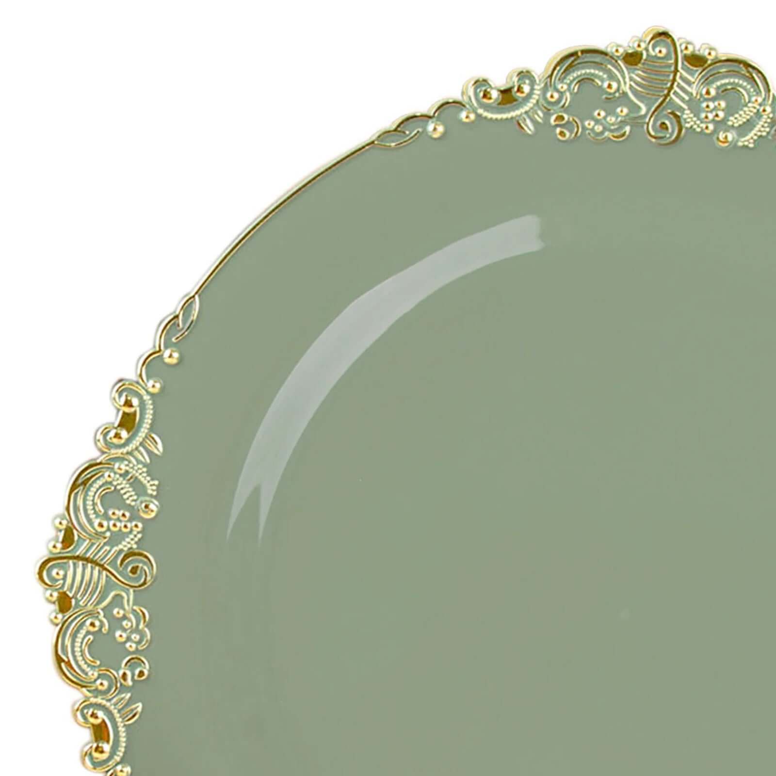 10-Pack Disposable Round Plastic Dinner Plates in Dusty Sage Green with Gold Leaf Embossed Rim - Vintage Baroque Style