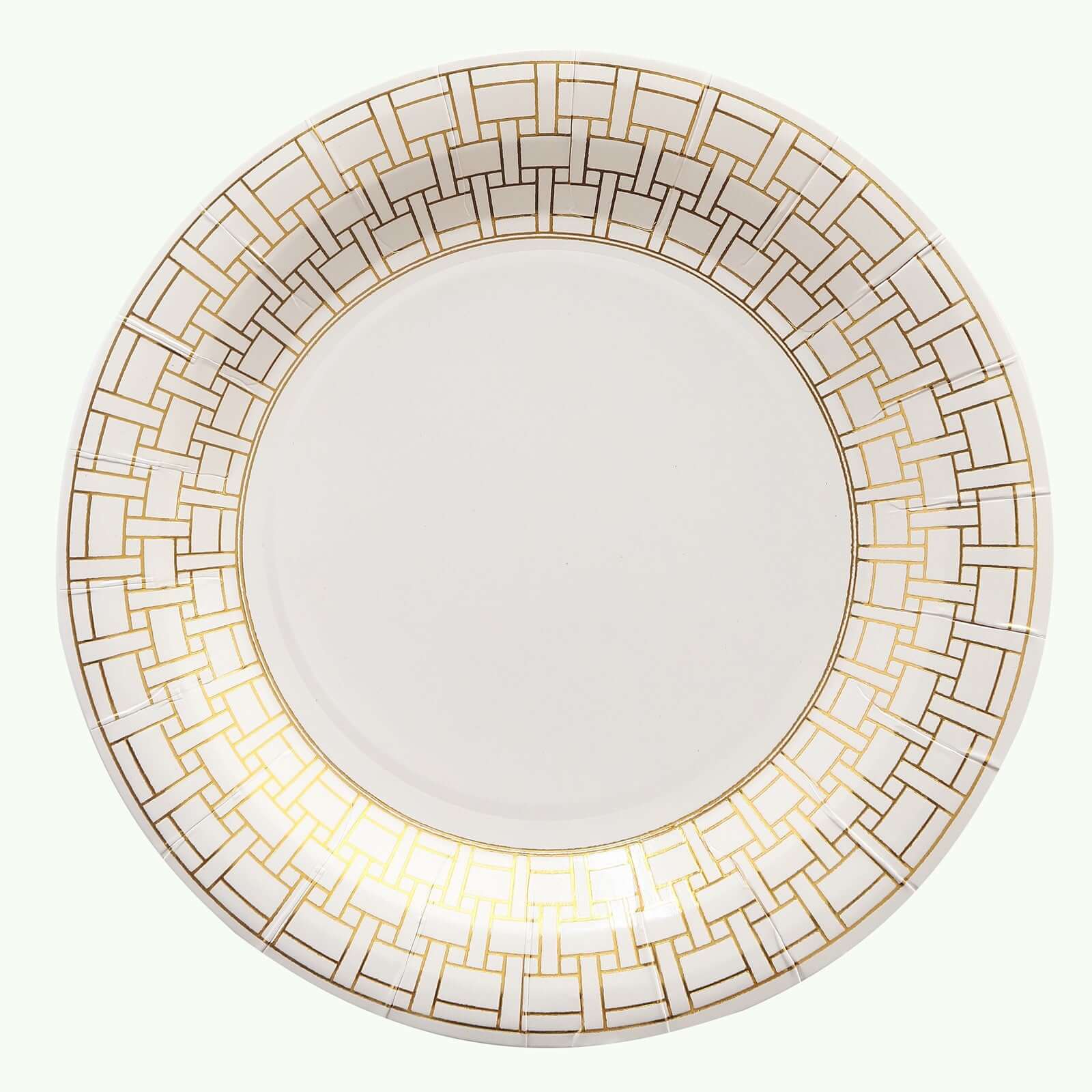 25-Pack Disposable White Paper Dinner Plates with 9" Gold Basketweave Rim for Parties