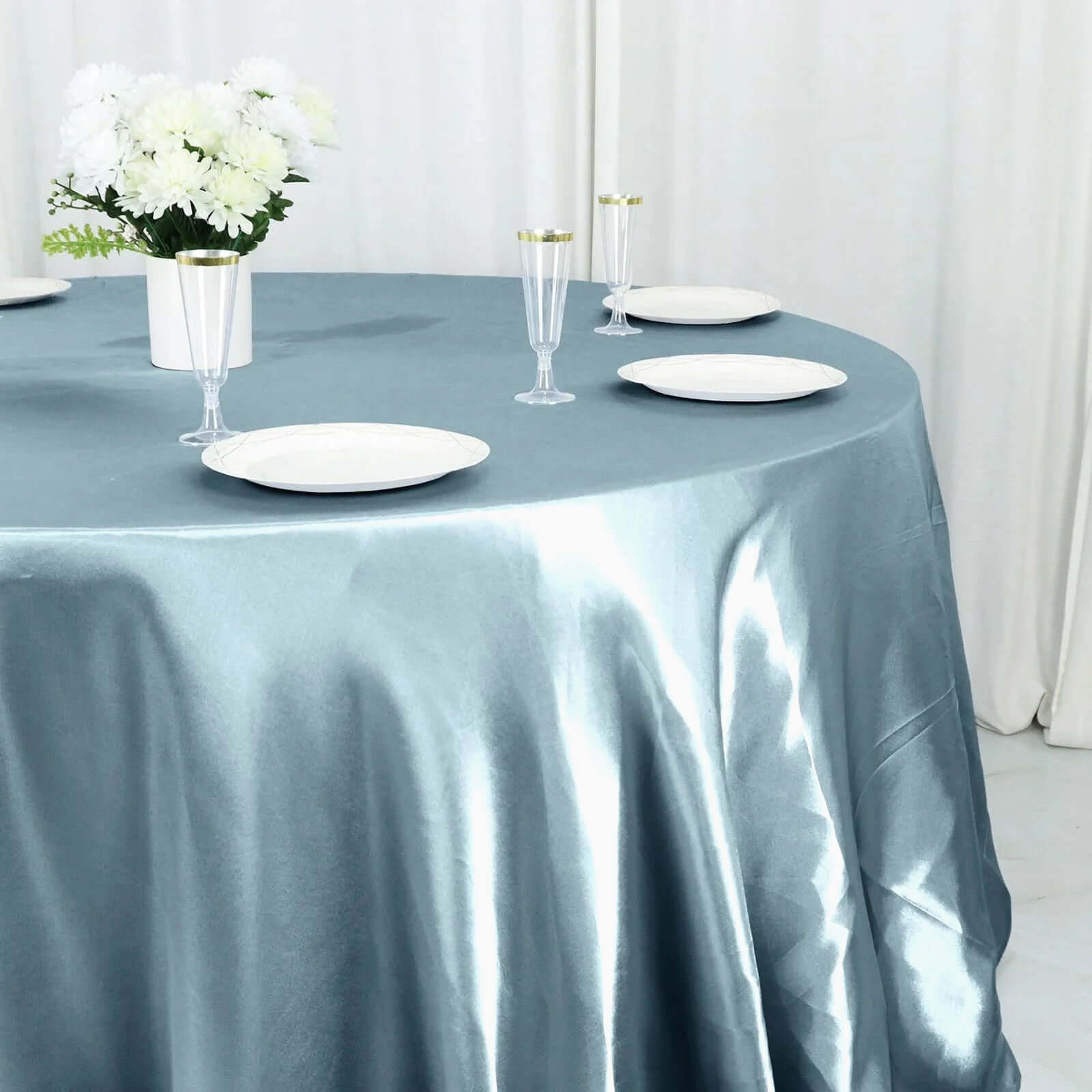 Stylish Seamless Dusty Blue Satin 132-Inch Round Tablecloth