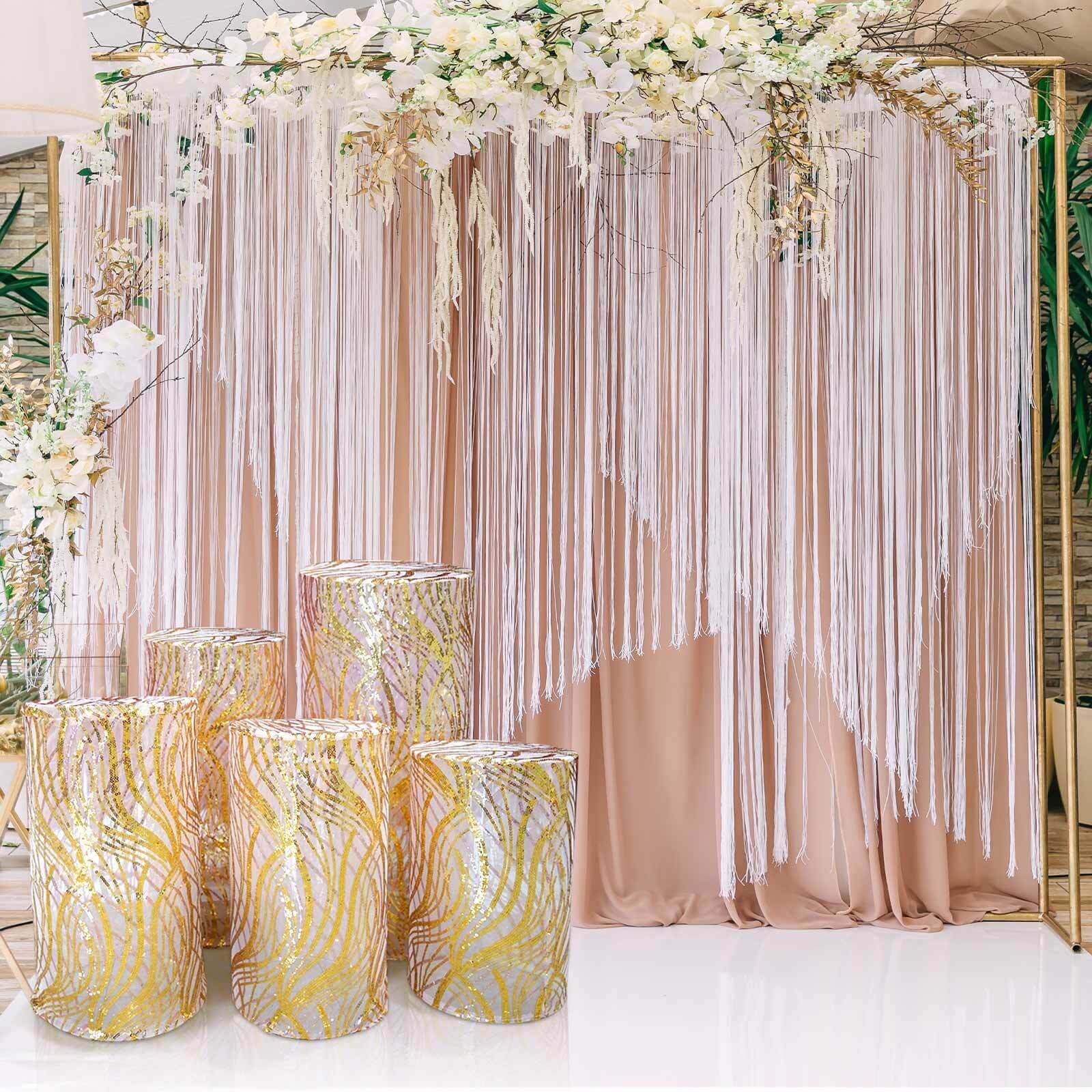 Set of 5 Rose Gold and Gold Sparkly Wave Sequin Mesh Cylinder Pedestal Stand Covers