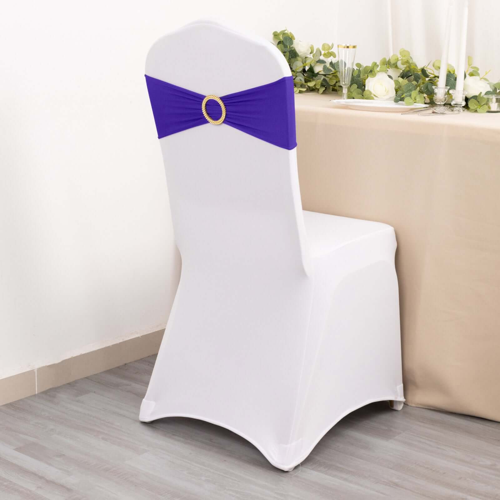5-Pack Purple Spandex Chair Sashes with Gold Rhinestone Buckles - Reusable Four-Way Stretch Decor