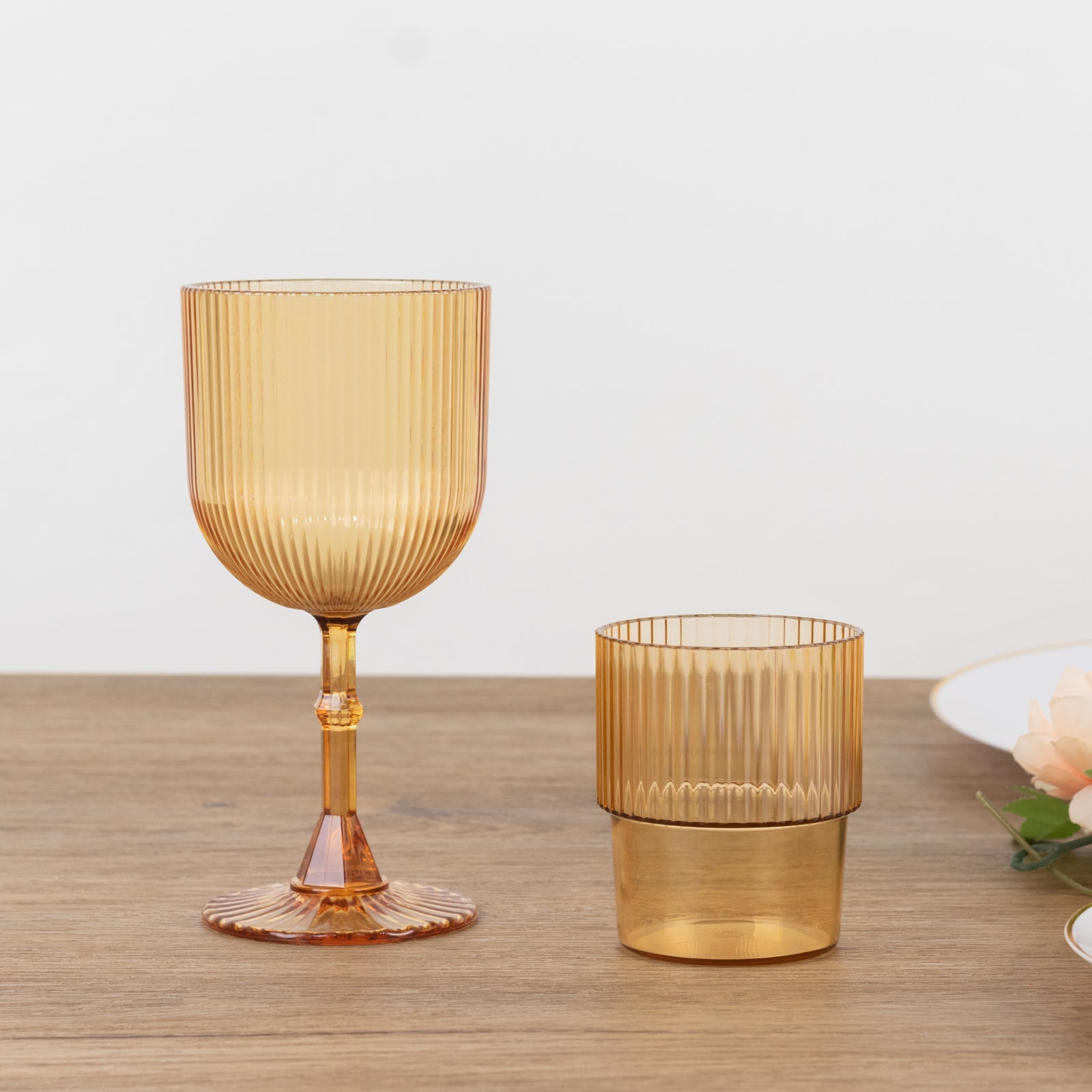 12-Pack Reusable 9oz Amber Gold Vintage Ribbed Plastic Wine Goblets - Shatterproof Glassware
