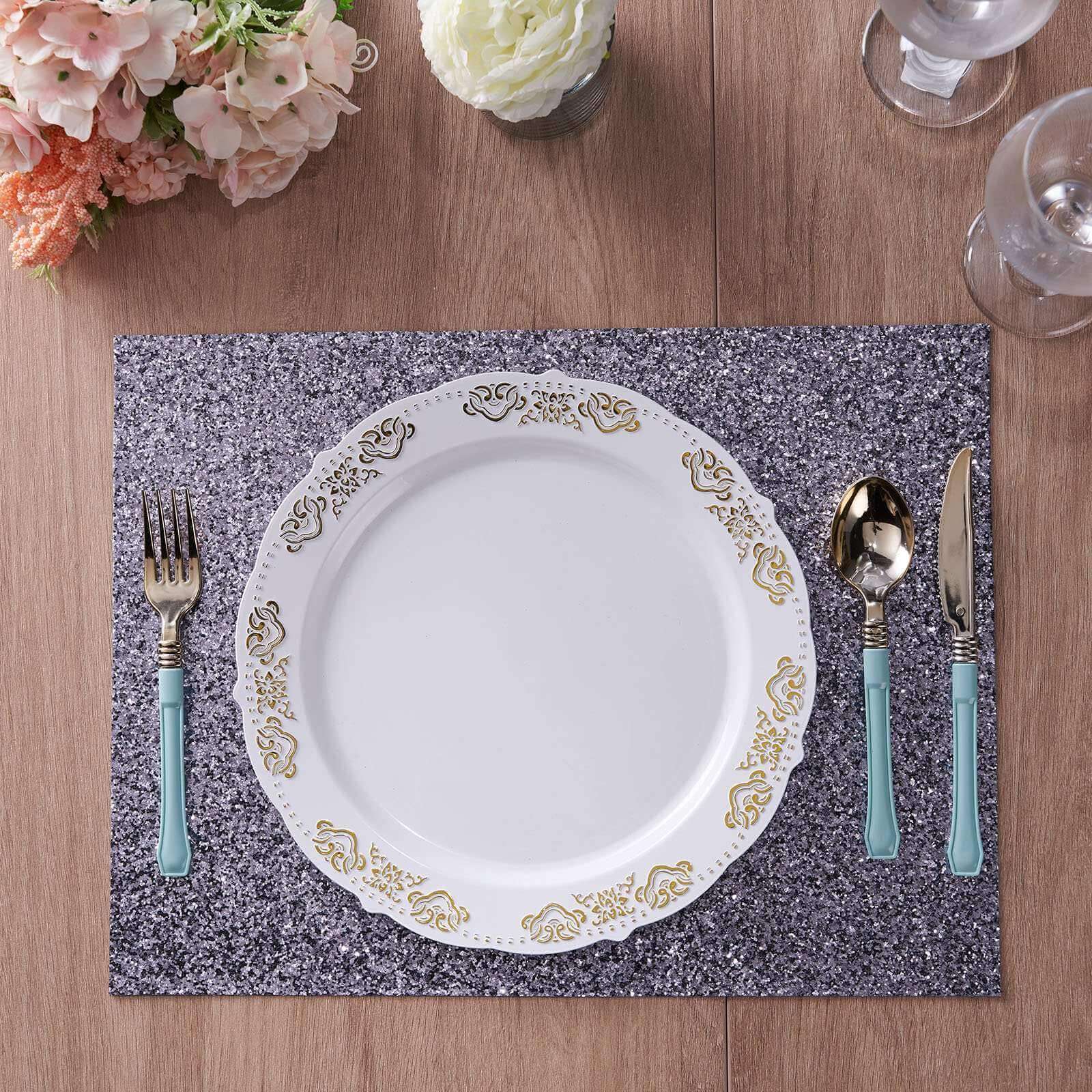 Hot Deal! 6-Pack Charcoal Gray Glitter Rectangle Non-Slip Placemats for Dining Tables, 12x18