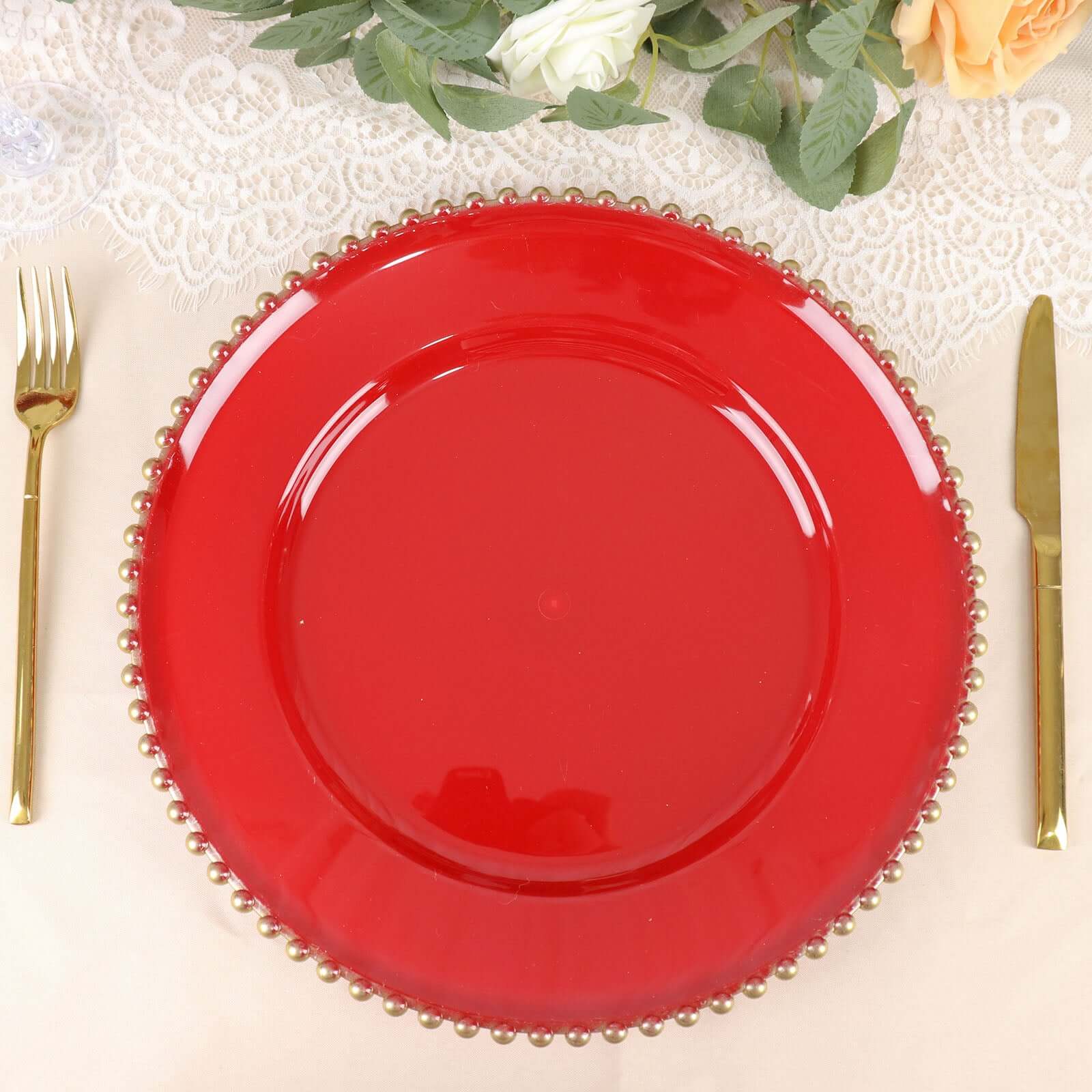 Hot Sale! 6-Piece Set of 13-Inch Red Acrylic Round Charger Plates with Gold Beaded Rims for Dinner Parties