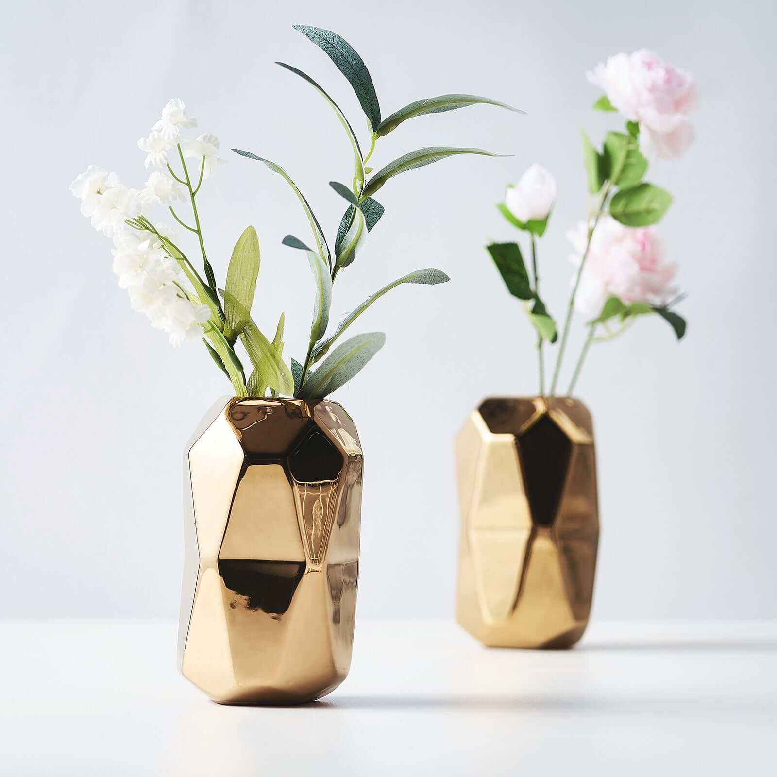 2-Pack Gold Metallic Ceramic Geometric Cylinder Vases - Ideal for Stylish Floral Arrangements