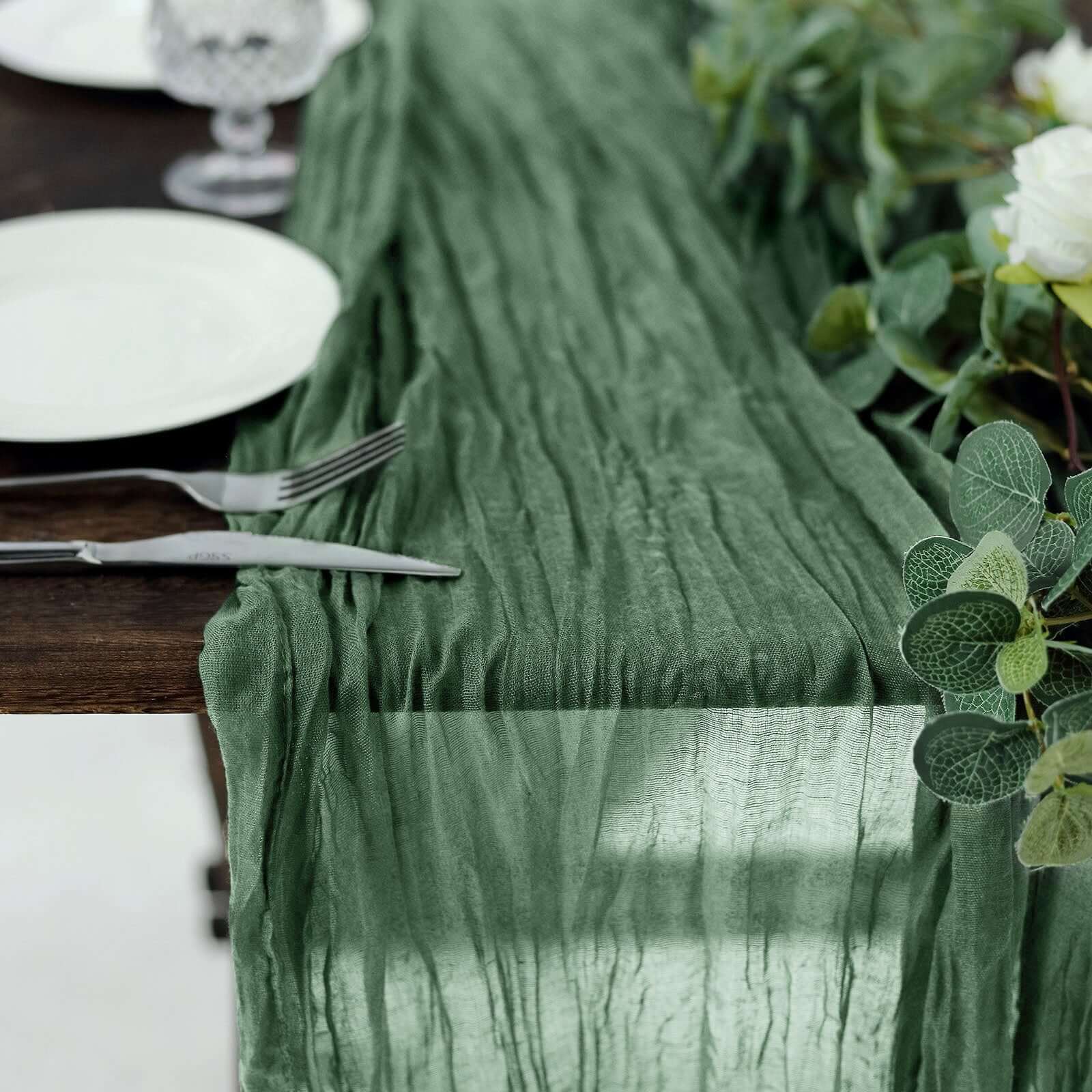 Olive Green Rustic Boho Style Gauze Cheesecloth Table Runner - 10ft Long, Ideal for Weddings & Parties