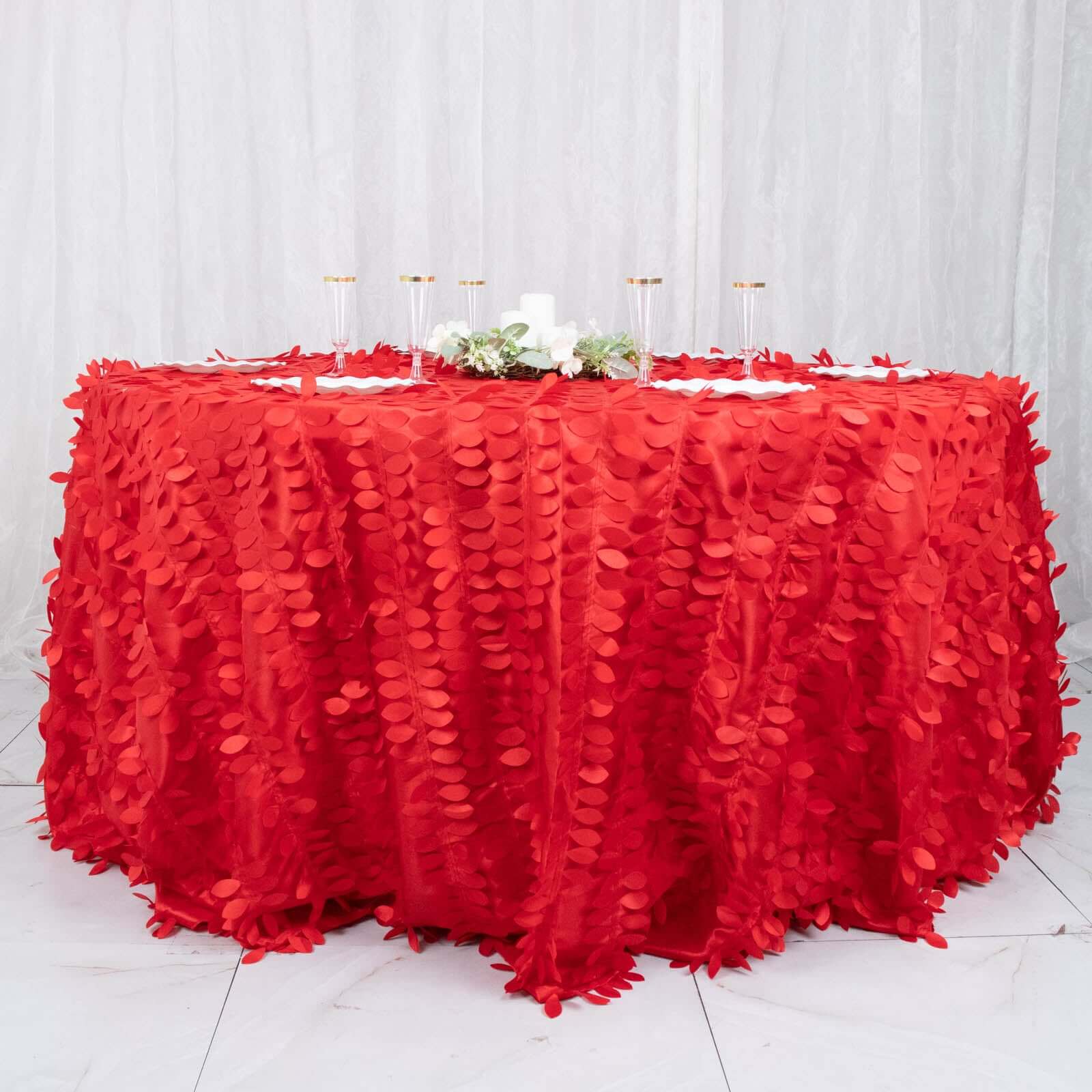 Hot Sale! Red 132-Inch Round Taffeta Tablecloth with 3D Leaf Petal Design