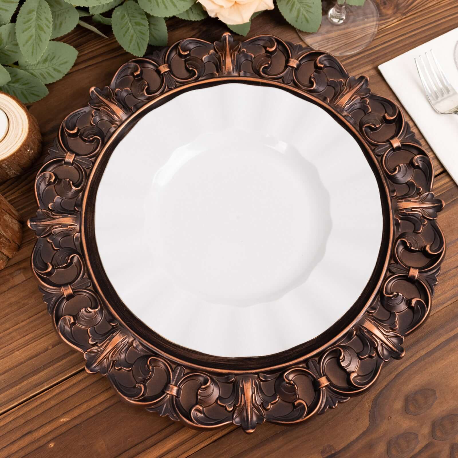 6-Piece Set of 13-Inch Dark Brown Acrylic Round Chargers with Elegant Retro Baroque Rim
