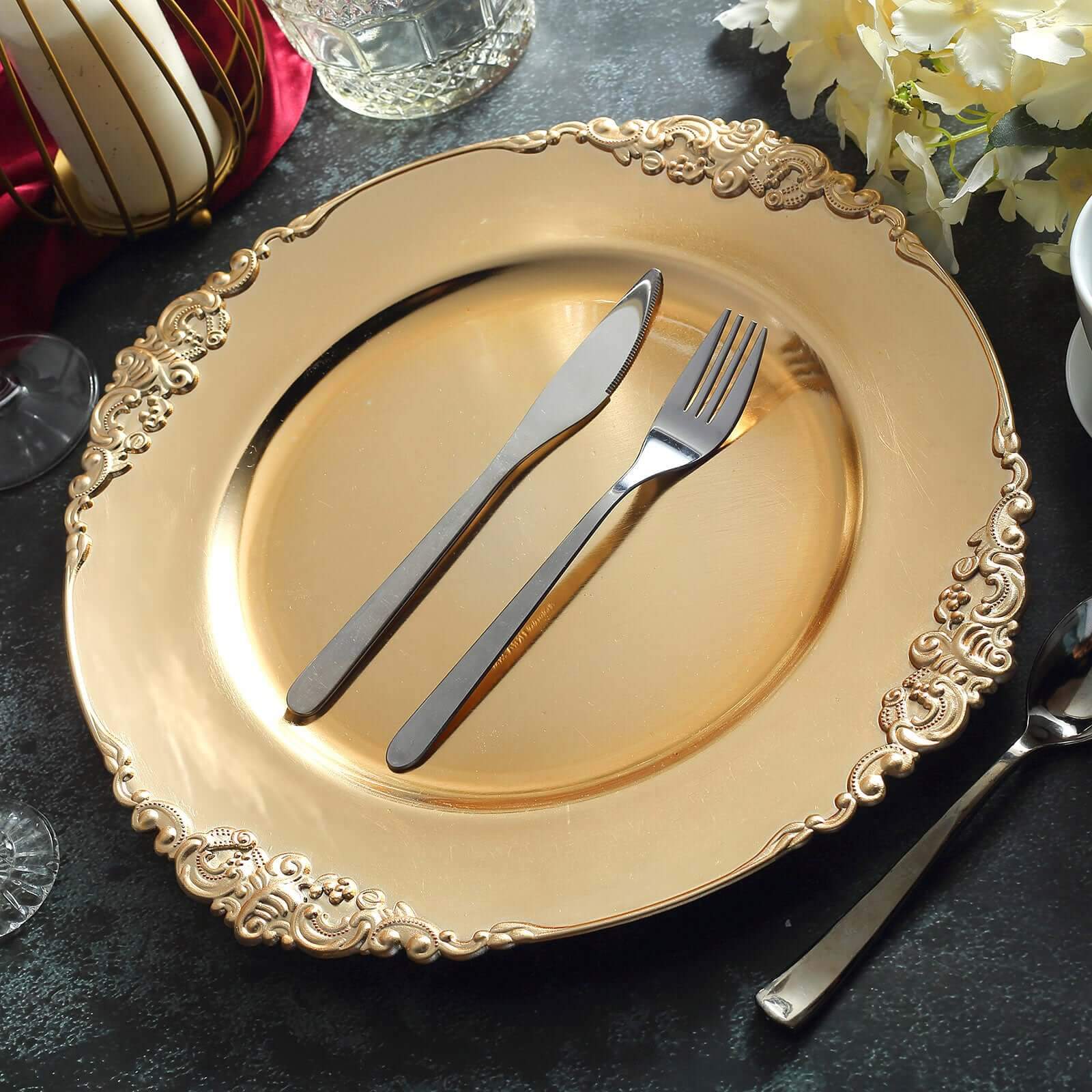 6-Pack Acrylic Round Charger Plates 13 in Gold with Embossed Baroque Rim, Antique Decorative Dinner Party Charger Tableware
