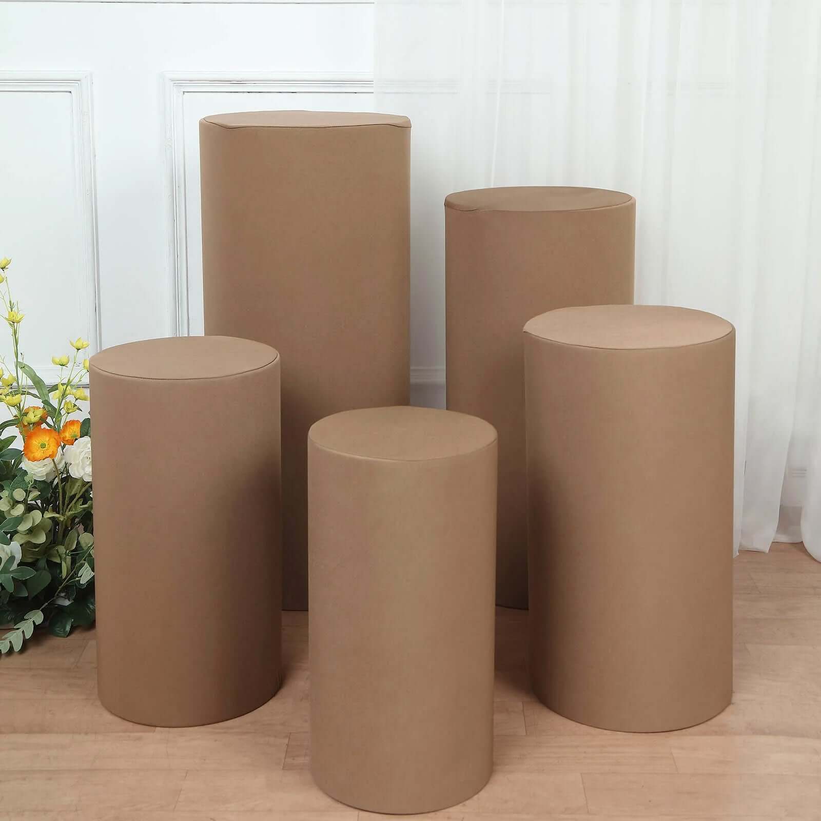 5-Piece Taupe Spandex Cylinder Pedestal Stand Covers - 160 GSM, Stretchable & Snug Fit