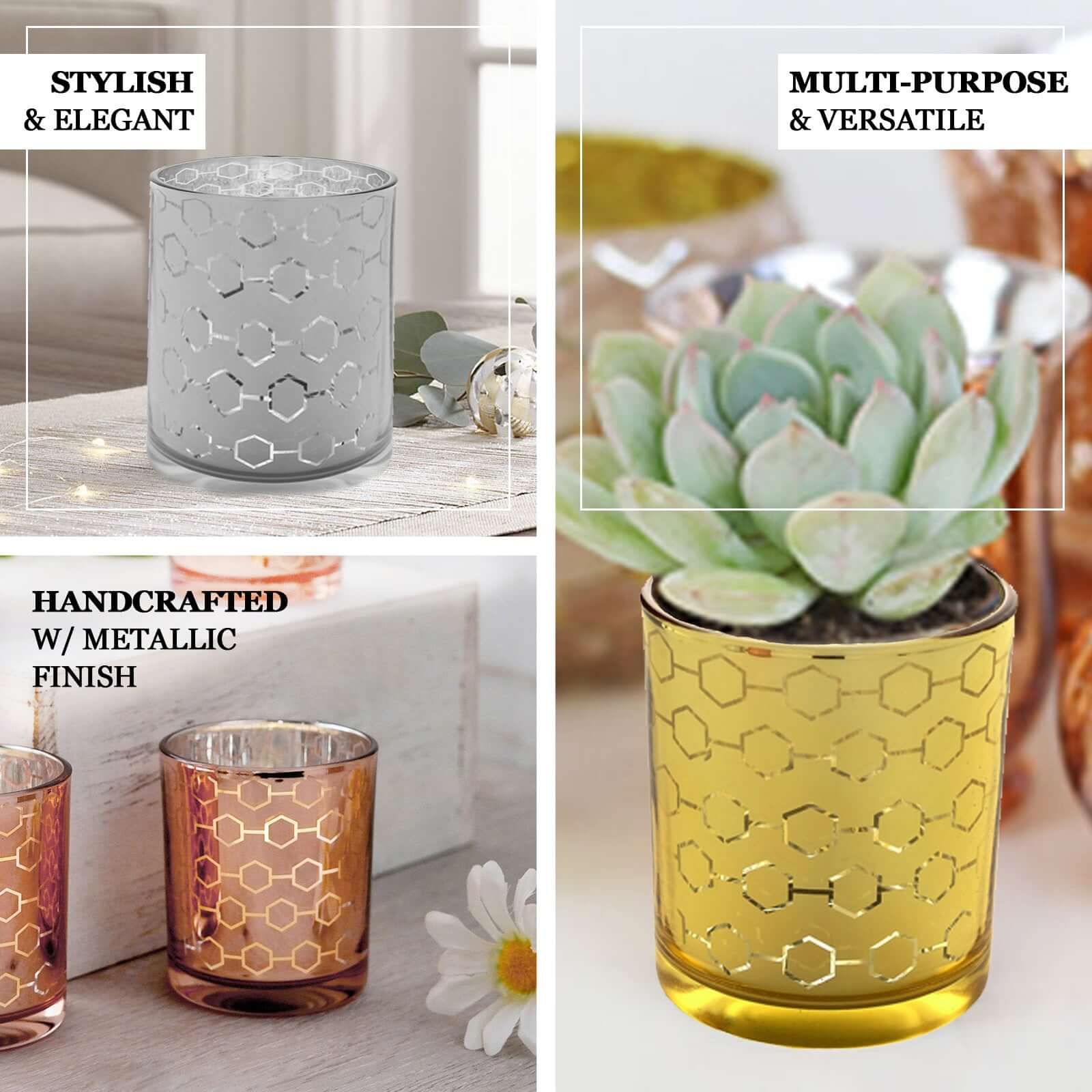 Hot Sale! 6-Piece Set of Gold Mercury Glass Votive Candle Holders with Honeycomb Design