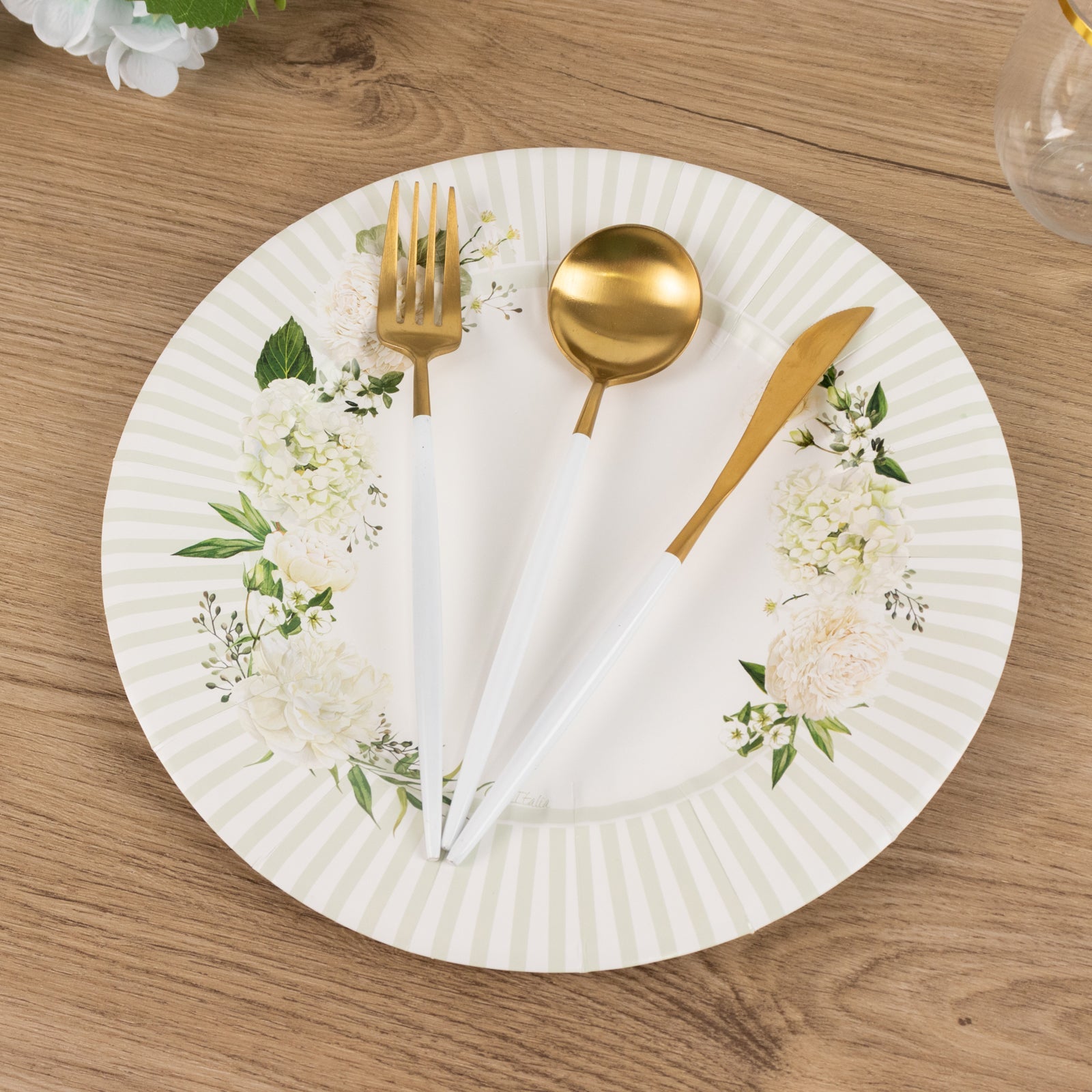 25-Piece Set of 10.5-Inch White Paper Dinner Plates with Sage Green Floral Design & Lined Edge - Ideal for Party Events