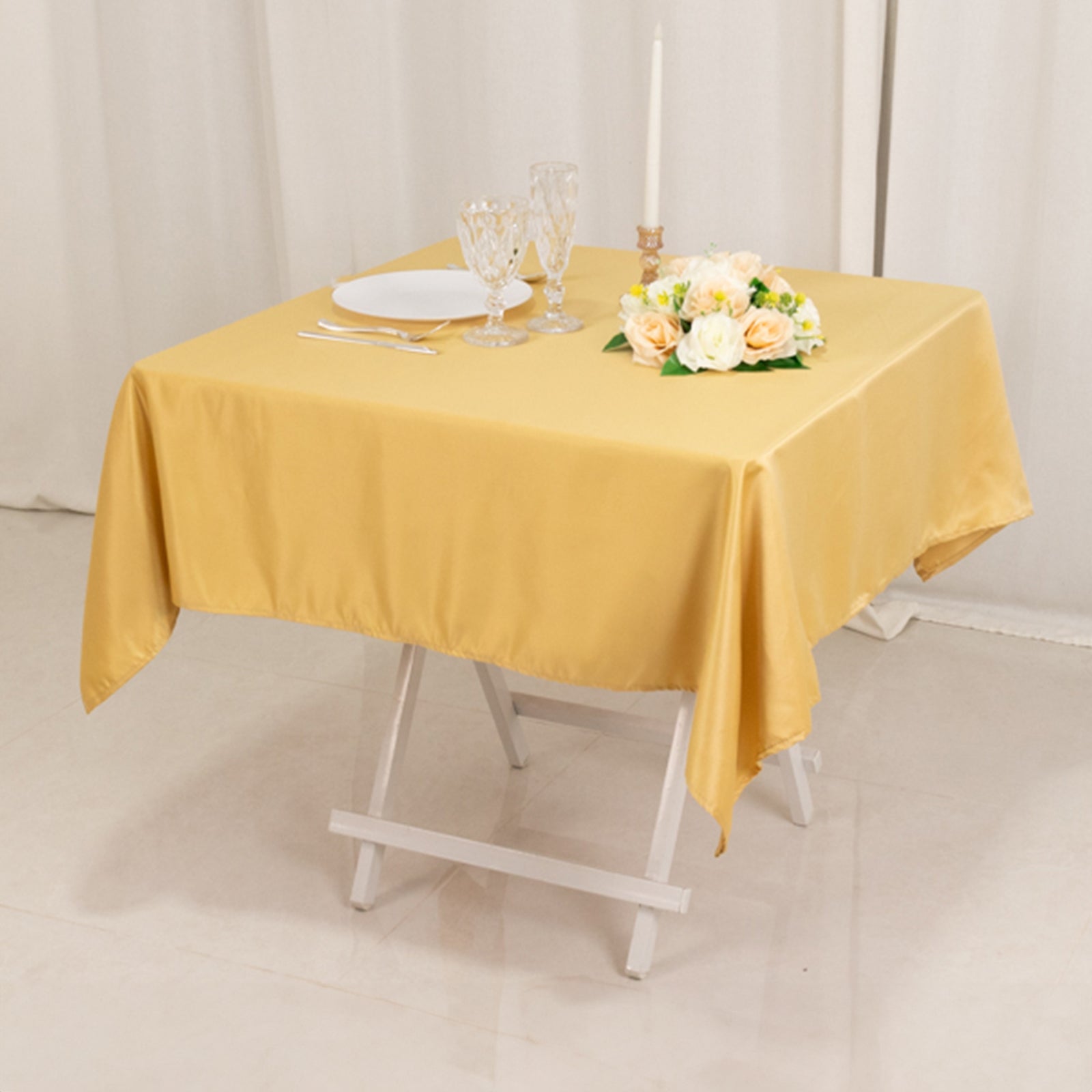 Champagne Lamour Satin 54x54 Square Table Overlay - Durable Silk-Like Table Cover