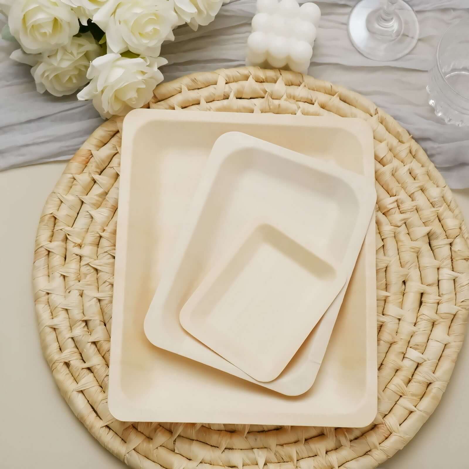 25-Pack Natural Birchwood 5x8 Rectangle Disposable Dessert Plates - Ideal for Special Events