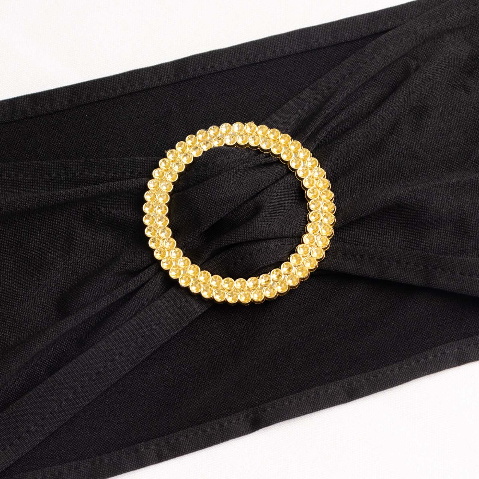 Hot Sale! 5-Piece Set of Reusable Black Spandex Chair Sashes with Gold Rhinestone Plastic Buckles