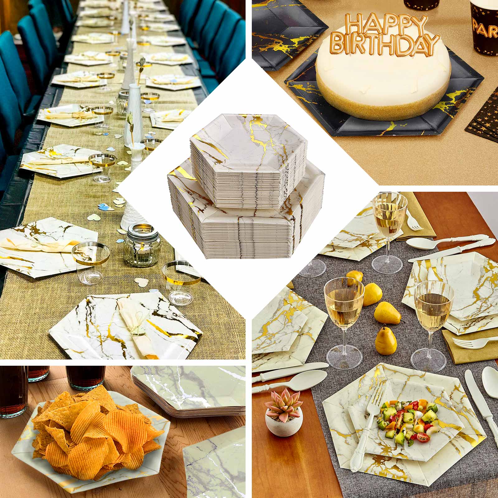 25-Pack Disposable 12" Black Paper Dinner Plates with Gold Marble Design - Ideal for Events
