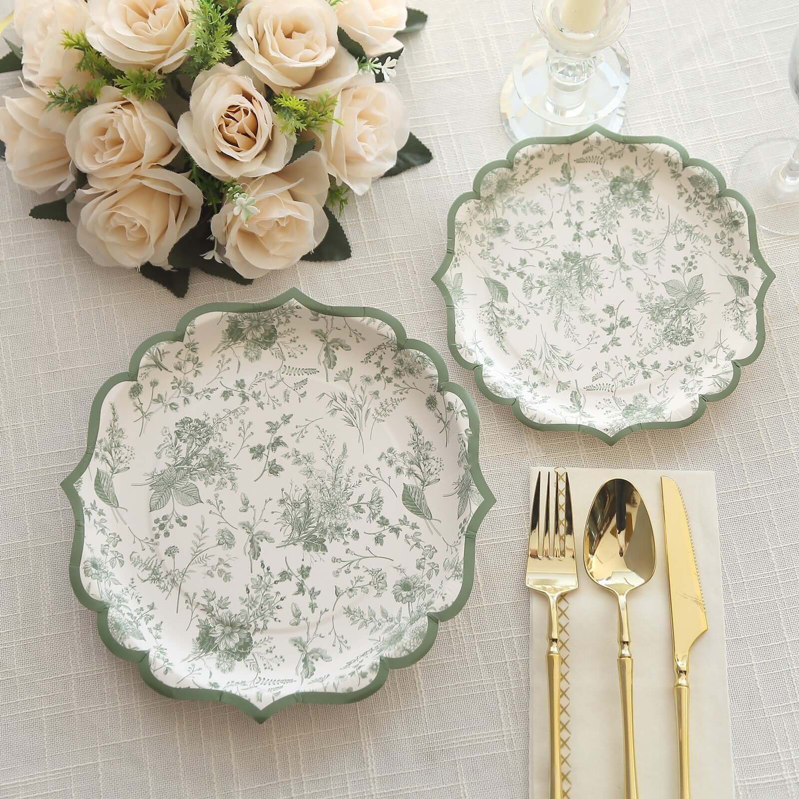 25-Pack Disposable 10-Inch White Paper Dinner Plates with Sage Green French Toile Design & Scalloped Rim for Classy Events