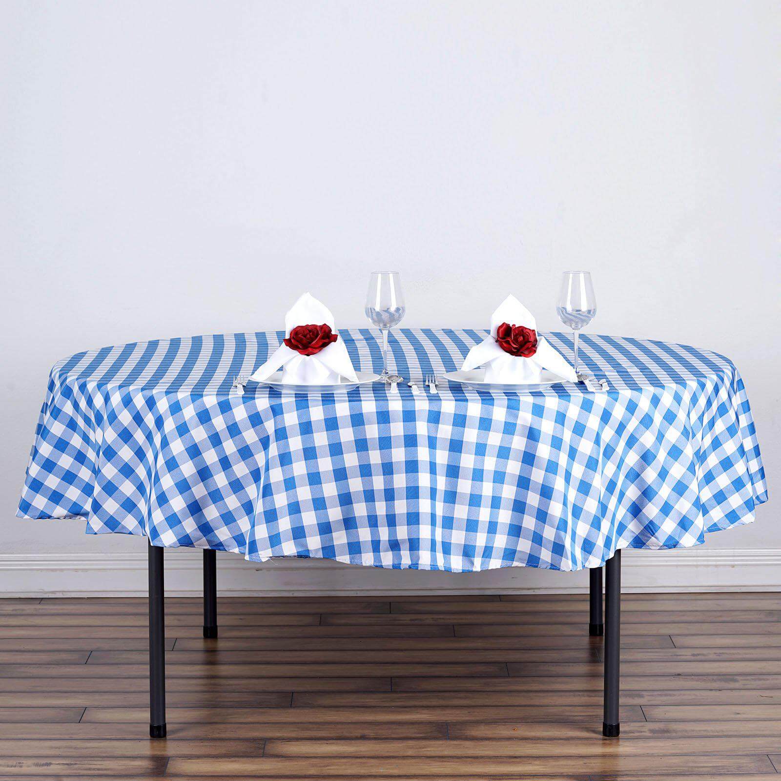 Hot! 70" Polyester Round Checkered Buffalo Plaid Tablecloth in White/Blue